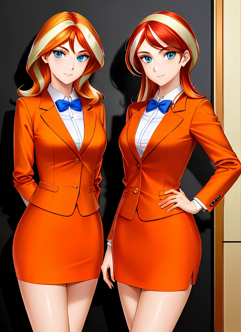 ((best quality)), ((highly detailed)), masterpiece, (detailed eyes, deep eyes), (2girls, duo, identical twins, clones, doppelganger), cowboy shot, SunsetHuman, (multicolored hair, (two-tone hair:1.1), red and blonde hair), BREAK, aqua eyes, ((office ladies, orange skirt suit, orange blazer, long sleeves, orange pencil skirt, orange tight skirt, bare legs, high heels, same color skirt suits)), highly detailed faces, highly detailed bodies, mnstfc, skirt