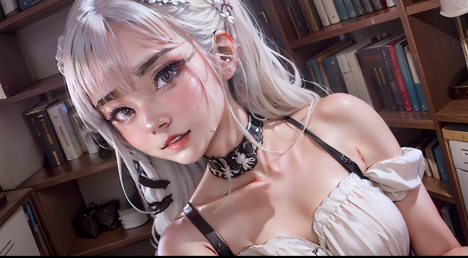 Anime - style image of a woman with white hair in a white dress in front of a bookcase, Smooth anime CG art, made with anime painter studio, portrait anime girl, Portrait of an anime girl, cute anime waifu in a nice dress, anime visual of a cute girl, Digital anime illustration, drawn in anime painter studio, persona 5 art style wlop, Detailed digital anime art