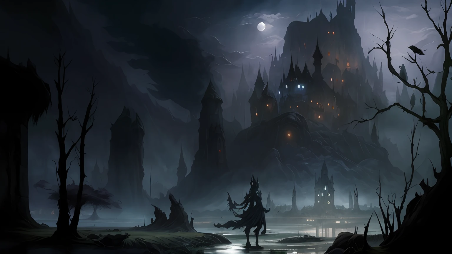 There is a castle in the middle of a swamp with a full moon, arte conceitual de fantasia sombria, dark cinematic concept art, Cidade da Fantasia Sombria, dark ruins landscape, paisagem de fantasia escura, pintura de fantasia fosca grimdark, Dota! arte conceitual de pintura fosca, arte do jogo pintura fosca, Estilo Andreas Rocha, ambiente de fantasia sombria, arte de estilo fantasia escura, Andreas Rocha e John Howe