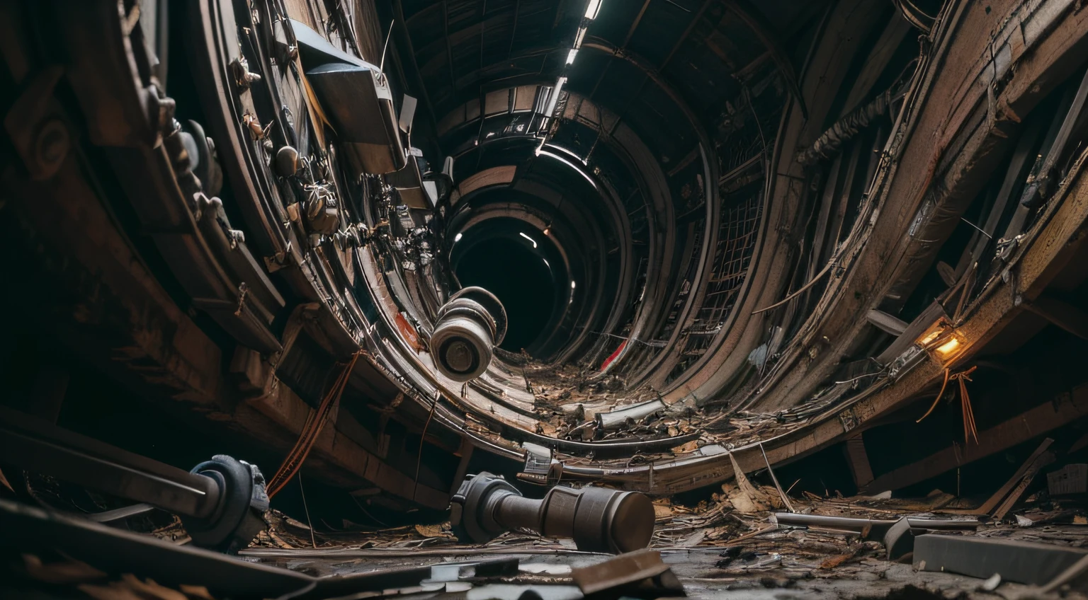a heavily distorted, dim bounced light barren void, multiple object s comprised of contorted feathers/machinery/pipes/rusted components is floating in the air, amorphous dark material is being warped and torn into remnants, extra detail, 4kHD details, best resolution, surrealistic composition, extreme view angle, motion blur, depth of field, foreshortening, tilted view angle, cinematic lighting, movie scene, precise details, intense details, panoramic image, image within image