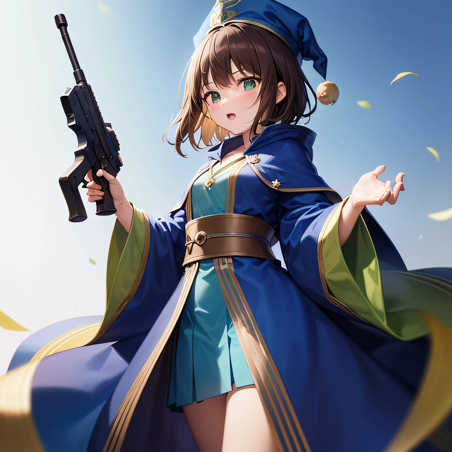 top-quality、extremely delicate and beautiful、((A age girl))、Green eyes、Small breasts、Short hair、Brown hair mixed in、Short hair、(Green Wizard Hat)、(a large blue ribbon on the head)Soio、Green clothing、long-sleeve、Red brooch on the neck、((Blue wizard robe dressed in green))、Standing、((Holding a submachine gun in both hands))、Midnight background、is standing