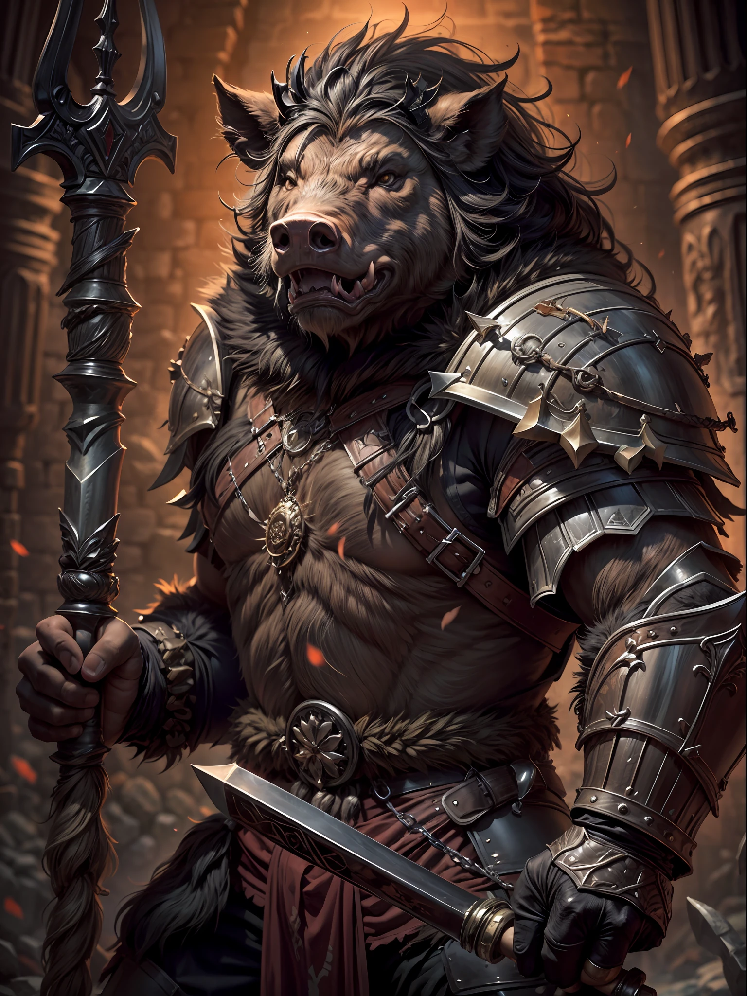 "A boar warrior with ancient Northern European armor and dark fur, wearing detailed armor and sporting a fierce expression, gripping a two-arm mace, in a dungeon."