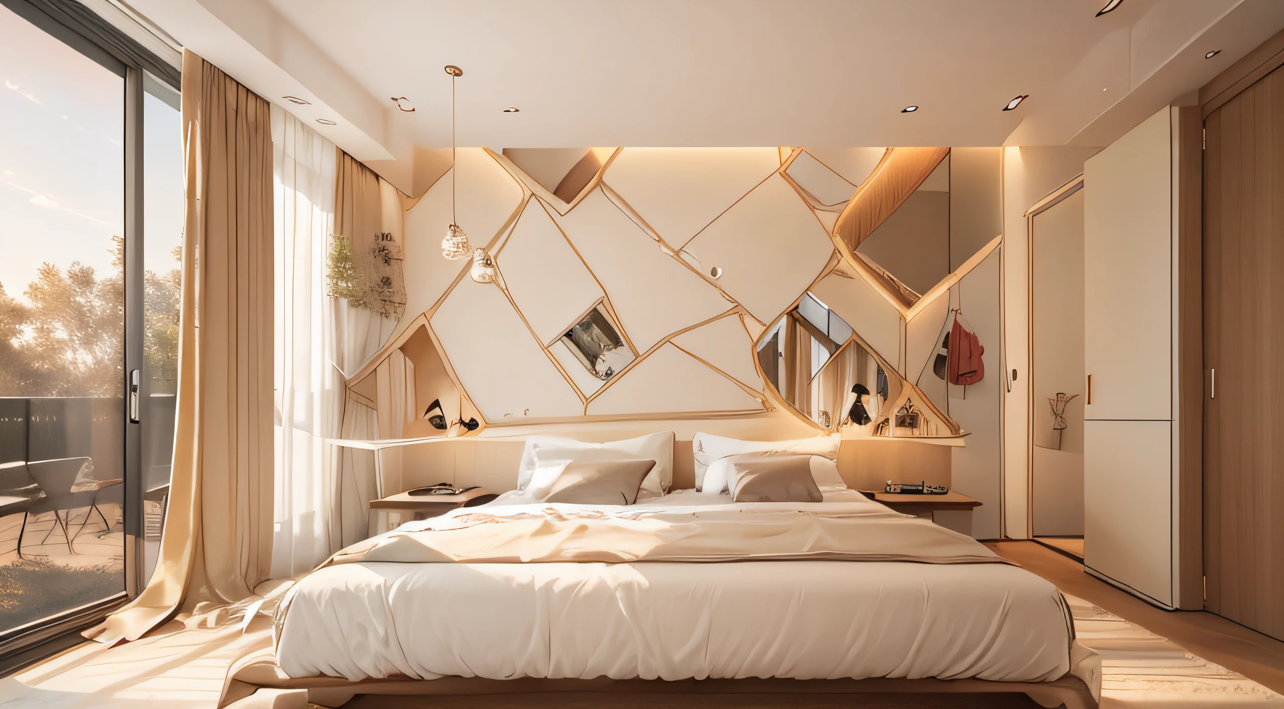 Ultra-detailed wide-area camera,Modern bedroom in cream style,(Modern bedroom:1.5),modern,Cream Mannerism,White theme,Beds,Decorative painting,nightstand,,窗帘,Soft natural light through the curtains,Interesting light and shadow,low-light