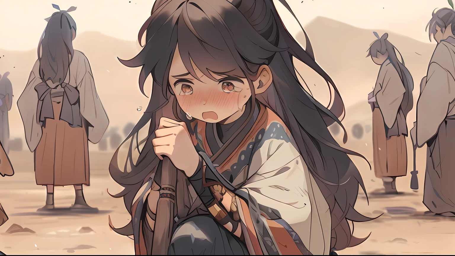 Anime girl with long black hair sitting in front of a group of people, Guviz, Guviz-style artwork, Keqing from Genshin Impact, Ayaka Genshin impact, Kawasi, anime visual of a cute girl, Anime girl with long hair, Detailed digital anime art, detailed anime character art, Guweiz on ArtStation Pixiv