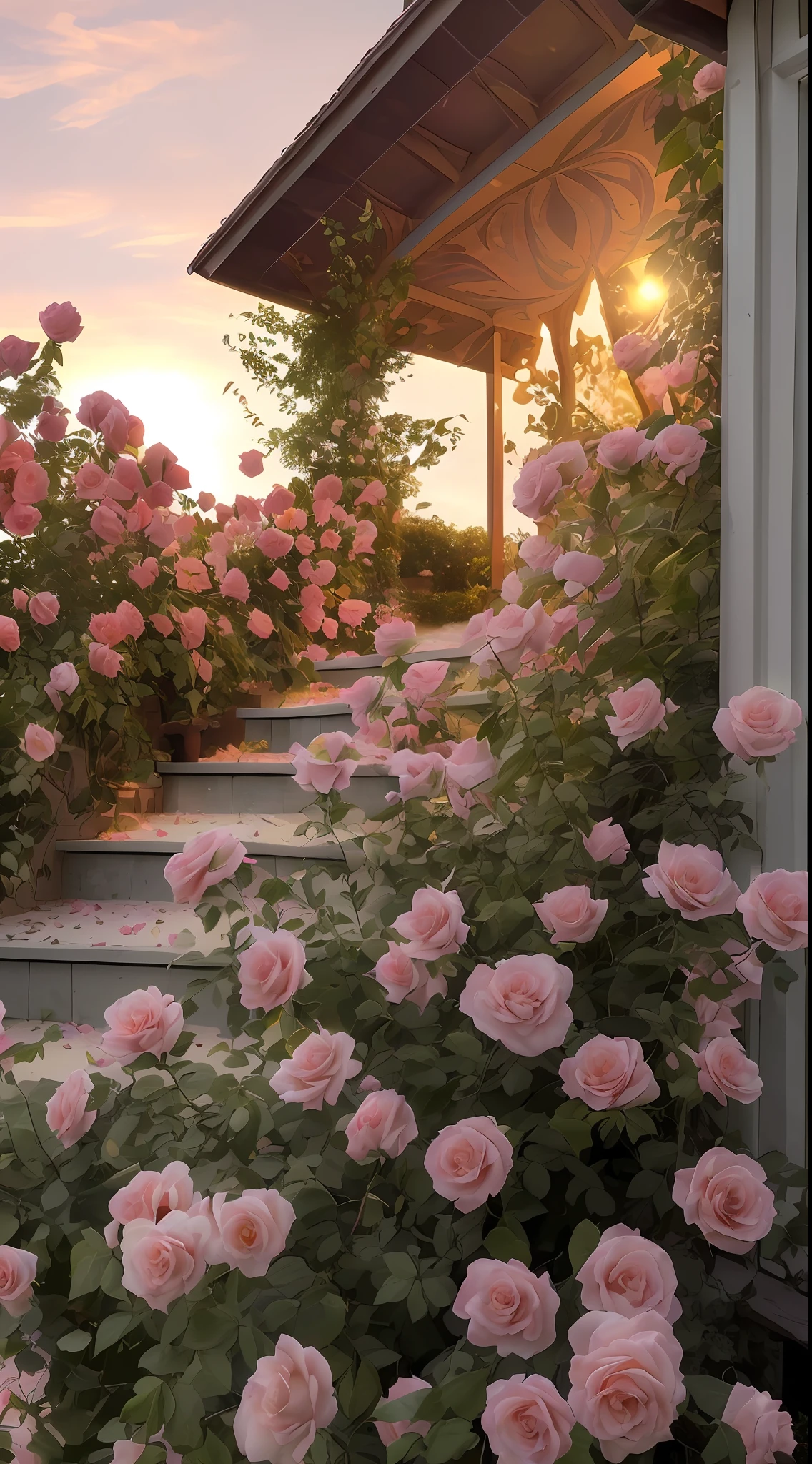 A bush of pink roses outside the house, beautiful and aesthetic, soft pink, beautiful aesthetic, roses in movie lights, lush flowers outdoors, nature and floral aesthetics, rose garden, roses, portal made of roses, beautiful images, roses, fantastic aesthetics, in a cottage core garden, pink golden hour, (masterpiece:1.6, best quality), (fine detailed beautiful eyes: 1.2), (extremely detailed CG unity 8k wallpaper, masterpiece , super detailed, best shadows), (detailed background), high contrast, (best lighting, extremely delicate and beautiful), ((color paint splatter on transparent background, Dulux,)), ((caustics) ), dynamic angles, beautiful detail glow,