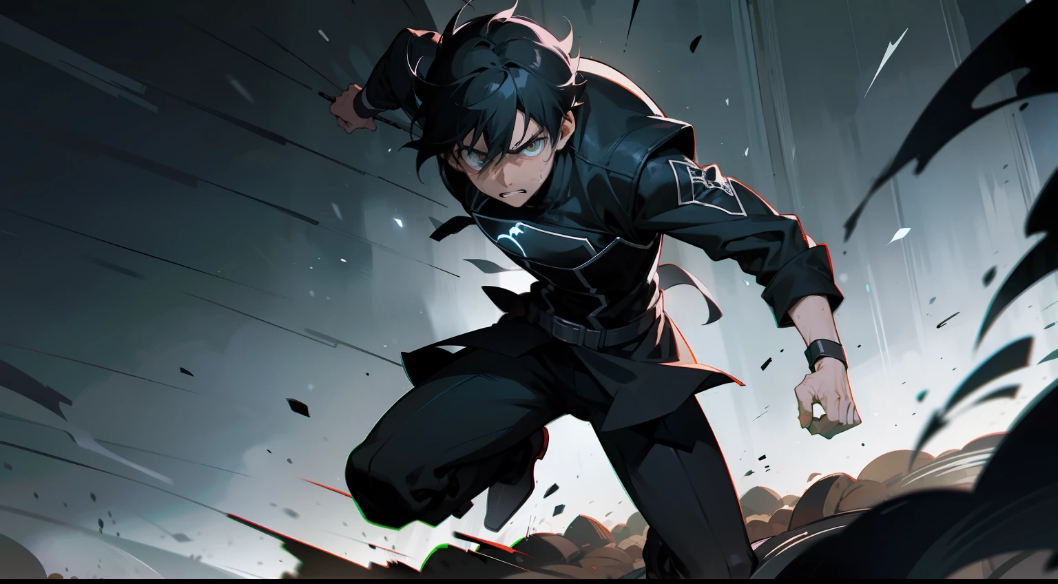 Comics: In this gripping comic panel, Kirito is depicted sprinting through a haunting forest, beads of sweat rolling down his forehead as fear consumes him. The demon dragon looms in pursuit, portrayed with bold, striking lines that amplify its menacing presence. The artist's flair for storytelling shines through, as each panel flows seamlessly, conveying the breakneck pace of the chase. The color scheme oscillates between dark and intense hues, evoking a sense of danger and suspense. Stark lighting contrasts add depth and accentuate Kirito's emotions as he flees from the ferocious beast. This powerful and emotive comic scene leaves readers on the edge of their seats. --v 5 --stylize 1000