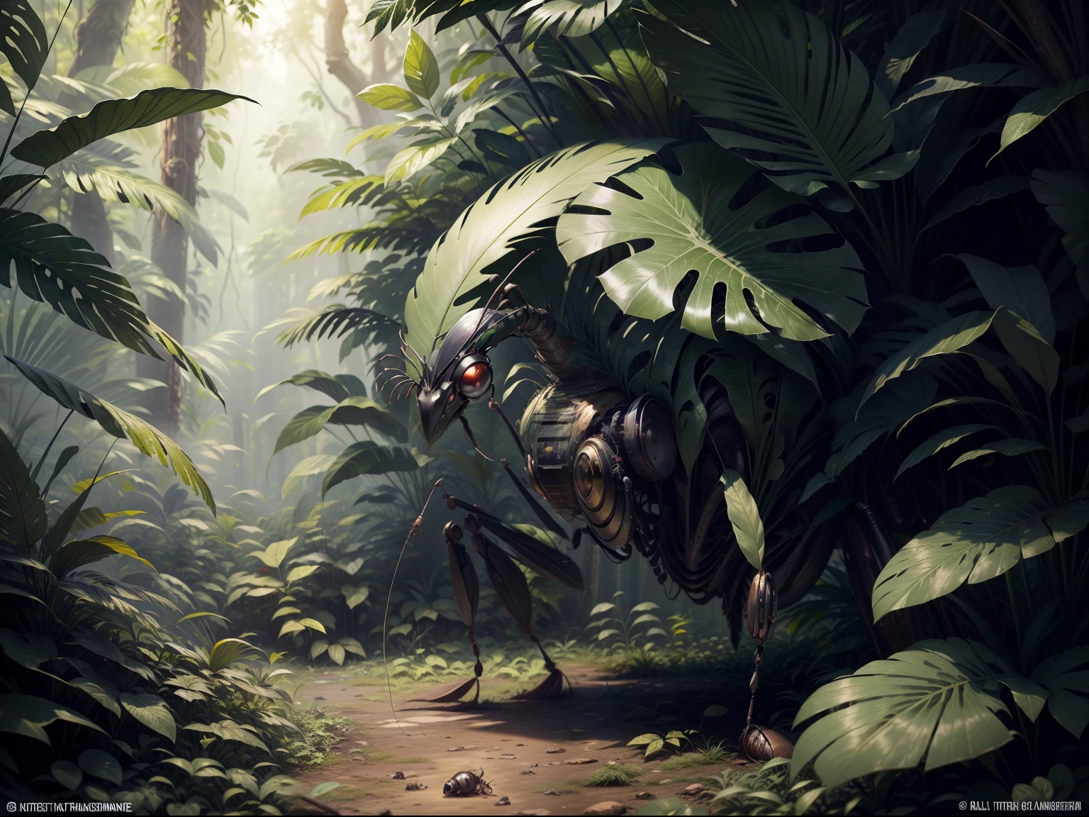 (8k masterpiece best quality: 1.2) a huge fearsome bullet ant wearing a British marine commando helmet camouflage paint under his eyes holding machine gun resting on his shoulder, is standing upright looking down on all the thousands of tiny other ants scurrying along the rainforest floor, the humidity is at 100% and condensation is falling from the giant hardwood trees on to the leafy_viney rainforest floor