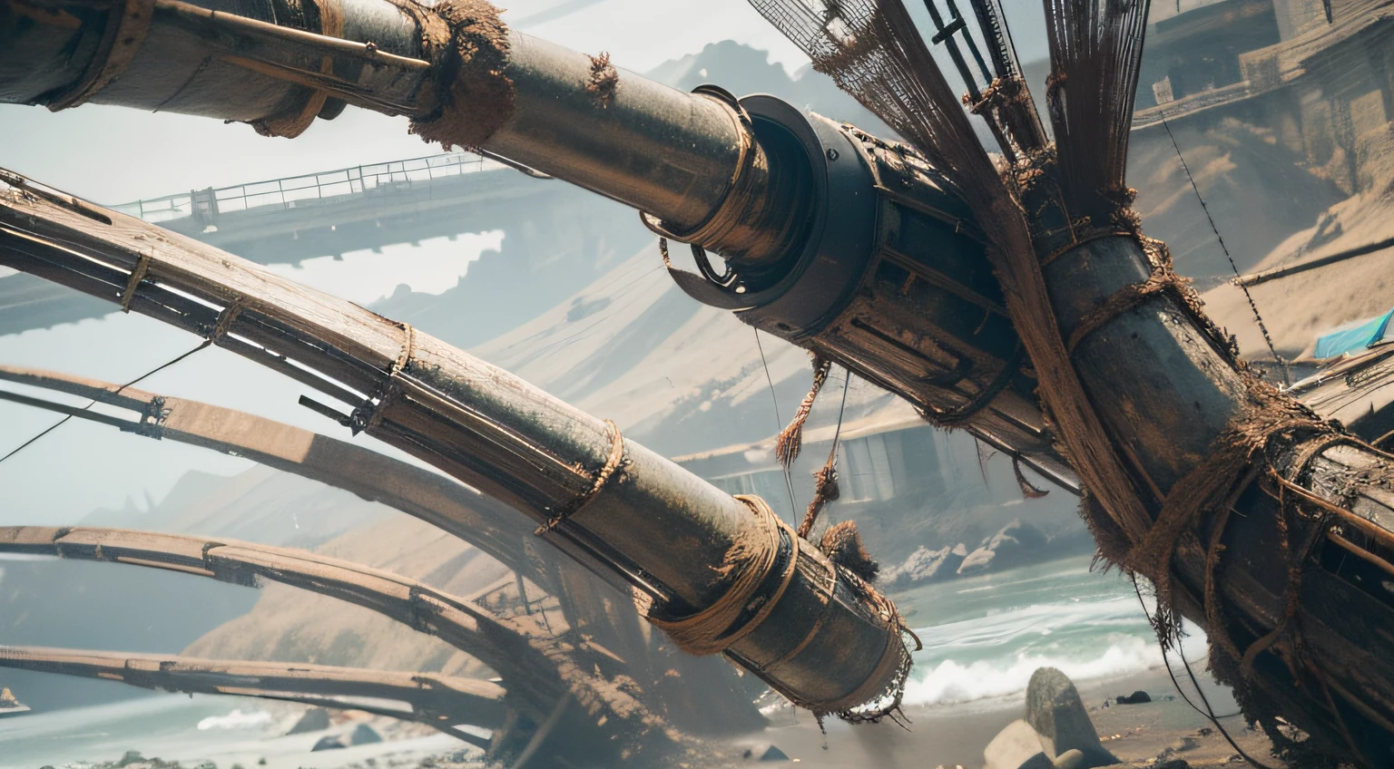 a heavily distorted, dim bounced light barren void, multiple sea creatures comprised of contorted feathers/machinery/pipes/rusted components is floating in the air, amorphous dark material is being warped and torn into remnants, extra detail, 4kHD details, best resolution, surrealistic composition, extreme view angle, motion blur, depth of field, foreshortening, tilted view angle, cinematic lighting, movie scene, precise details, intense details, panoramic image, image within image