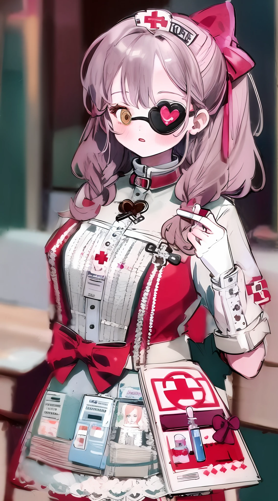 Lolita prostitute,Gorgeous dress,mitts,curlies,very intricate,Exquisite,shift dresses,Bow knot,frilld,ribbon,bandagens,Nurse style,Huge syringe,pill,Red Cross,Y2K,E-girls,Unilateral eye patch,Love decoration,subculture,Sick,bloods,laughingly,Avant-garde and innovative clothing design