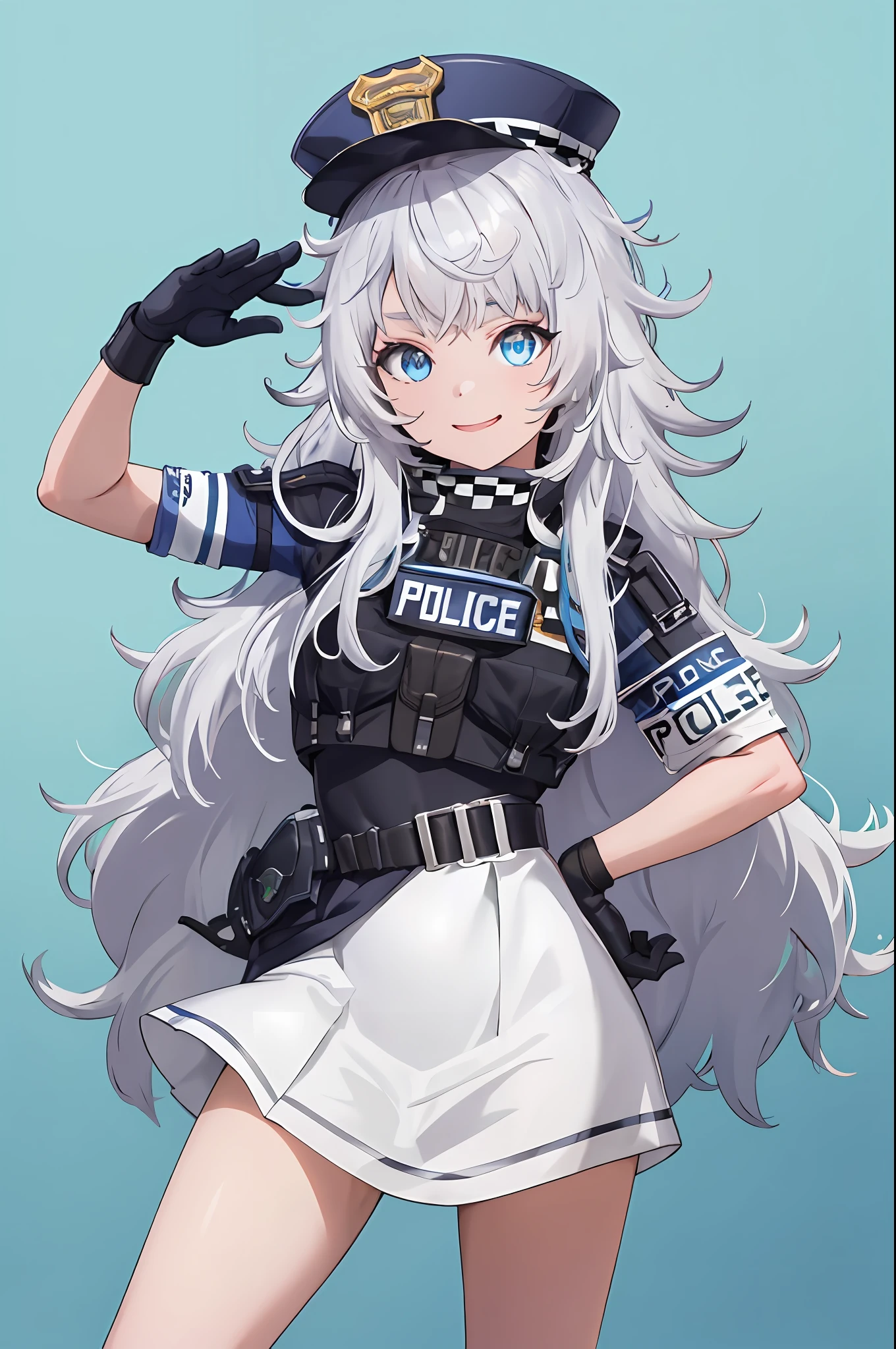 masutepiece, Best Quality, hight resolution, 1girl in, Solo, Long hair, hat, Blue eyes, White hair, hair messy, Black Gloves, White socks, Police Uniform, Black skirt, Short sleeves, Cowboy Shot, Salute, put hands on the hip,ssmile,