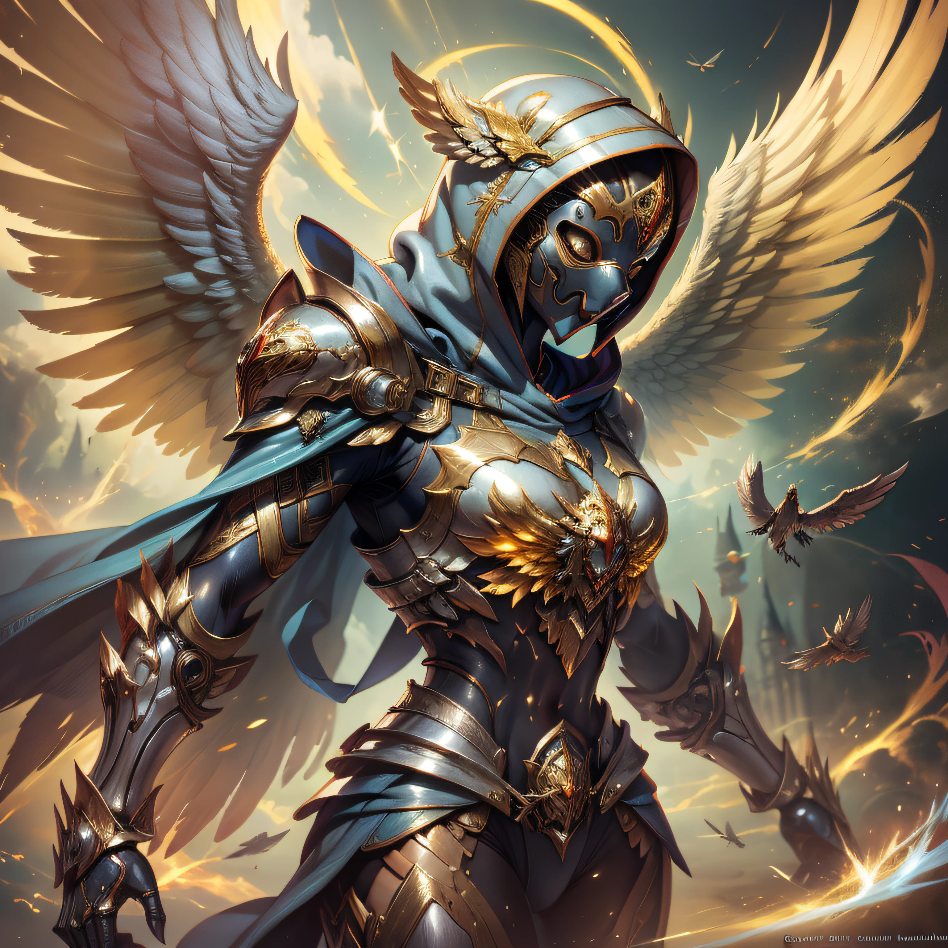 Golden armored angel, wings made of energy, metal halo, no face, hooded, gold, fantasy, concept art, ultra realistic, character art by greg rutkowski