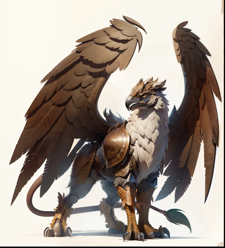 Griffin with leather armor re-referenced on fart and paws, com ultra detalhamento na textura das penas