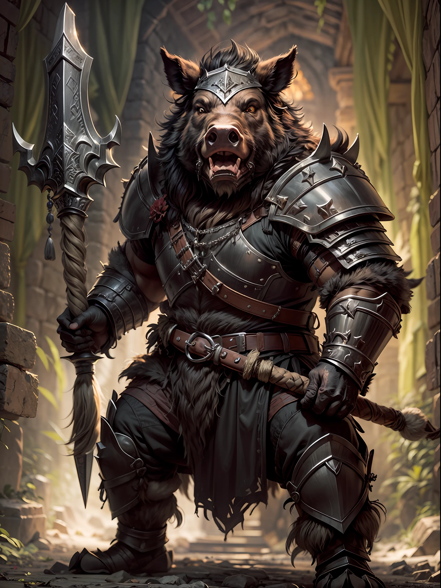 "A boar warrior with ancient Northern European armor and dark fur, wearing detailed armor and sporting a fierce expression, gripping a two-arm mace, in a dungeon."