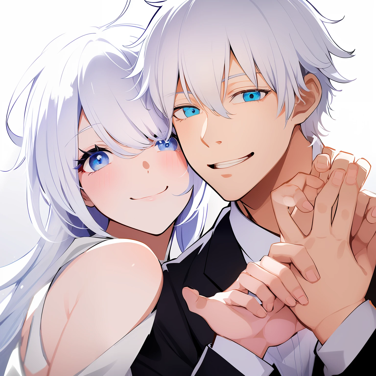 wedding, bride with white hair, white bridal outfit, female's blue eyes, soft smile) (boy, Gojo, groom with white hair, black suit, blue eyes, smile) are holding hands and background