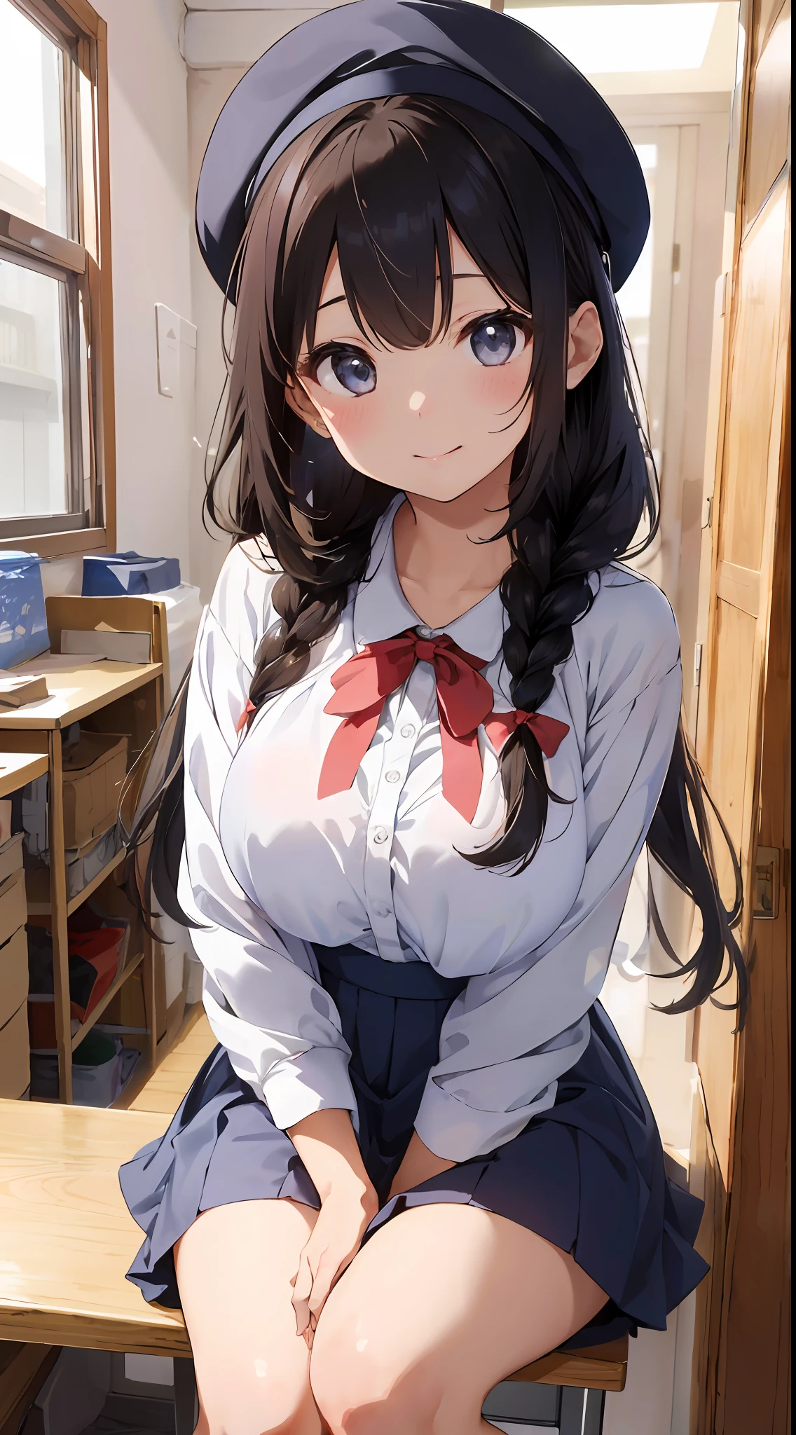 Masterpiece to the smallest detail、top-quality、1girl in、独奏、25-years old、170cm、Model beauties、perfectbody、Breasts so big that they hang on the floor、130 cm breast、ＸCup milk、Realistic nipples、Extraordinary Beauty、Hair with silky texture、Semi-long、Braids、Two-color mesh、Realistic eyes、Outstanding looks、unclear、proximity、closed_mouth、a smile、red blush、full of shyness、Hats that look good、Hats、pink bowtie、校服、 Blue jacket、jaket、skirt by the、Gray pretz skirt、Cutter shirt、white  shirt、an legs、Black socks、sitting on、s Office、hair_ornament、looking_at_viewer、beatiful detailed eyes、Charming gestures、panties on、seductiv、Professional effects、invite、Ignorant look、Receptionist、Large Enterprise Building