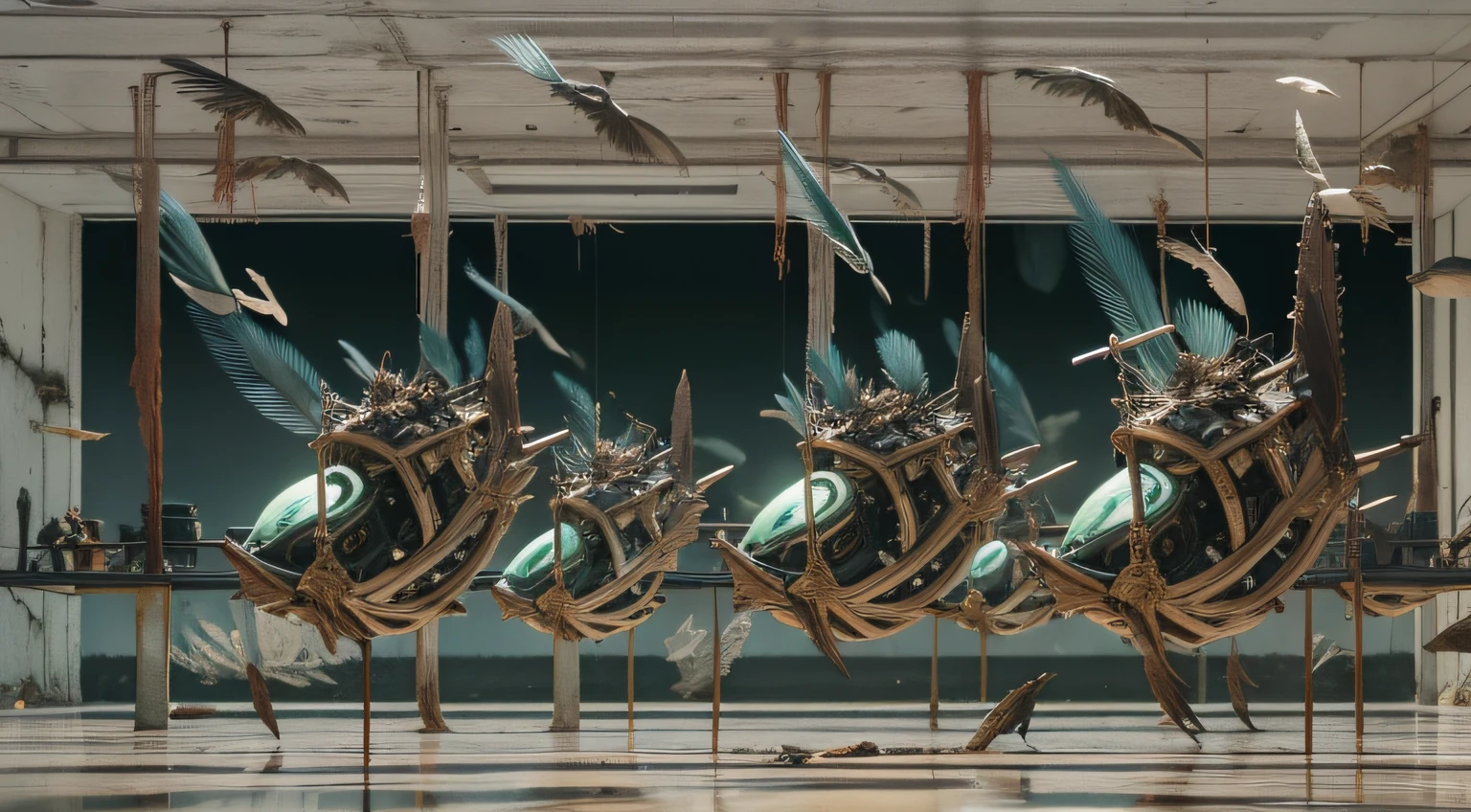 a heavily distorted, dim bounced light barren void, multiple sea creatures comprised of contorted feathers/machinery/pipes/rusted components is floating in the air, amorphous dark material is being warped and torn into remnants, extra detail, 4kHD details, best resolution, surrealistic composition, extreme view angle, motion blur, depth of field, foreshortening, tilted view angle, cinematic lighting, movie scene, precise details, intense details, panoramic image, image within image