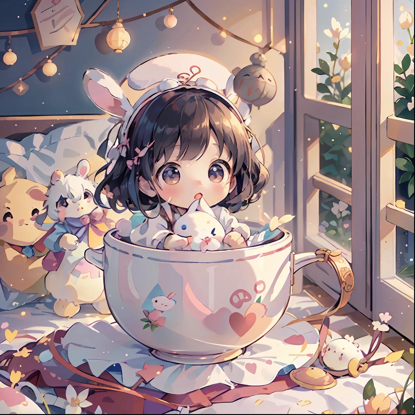 (extremely cute and delicate CG illustration, ultra-detailed and ultra-high quality),A cute Chinese baby gHuge rabbit as background