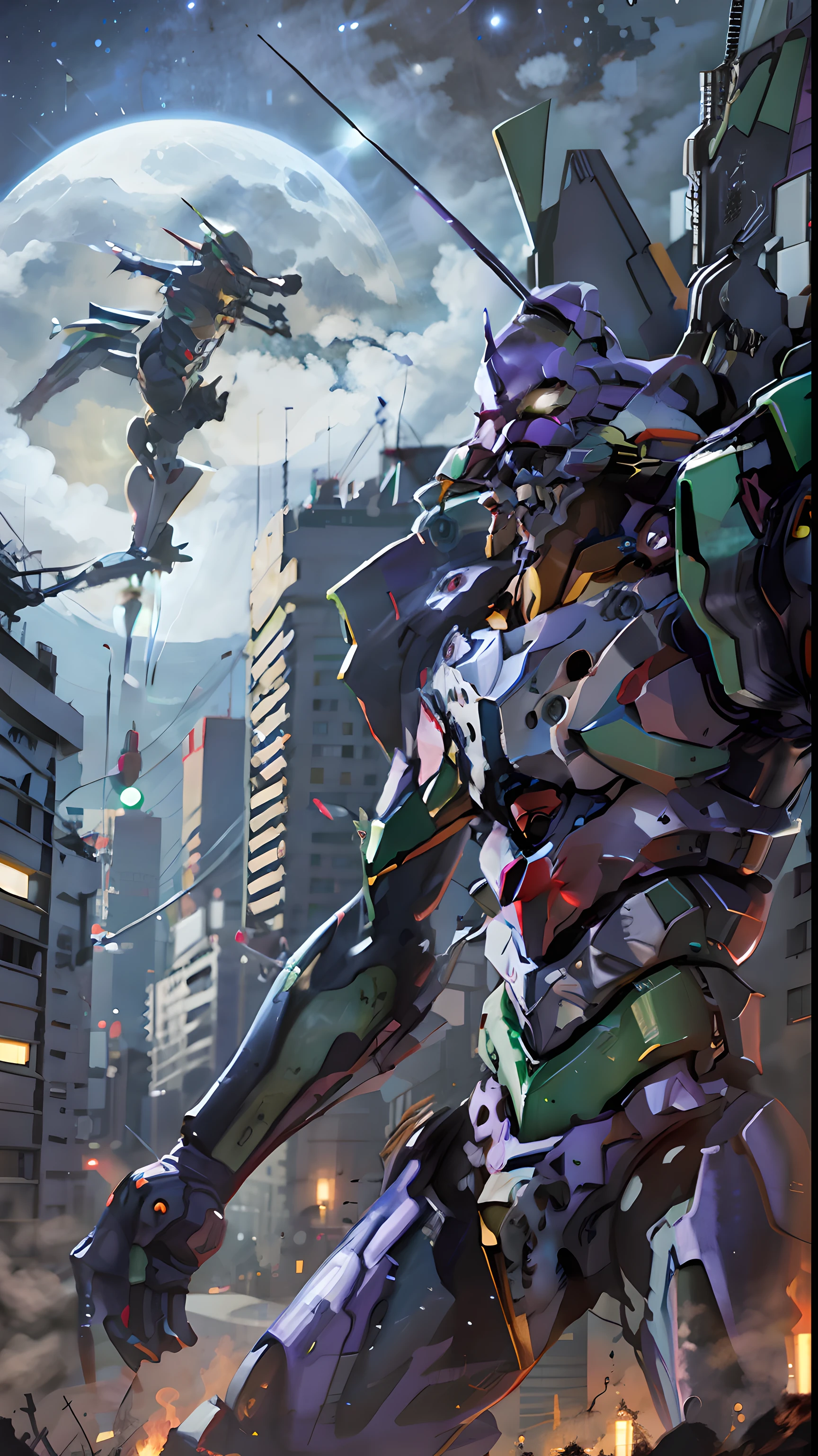 Eva 01,EVA, Evangelion mecha, city,moon,night,8K,