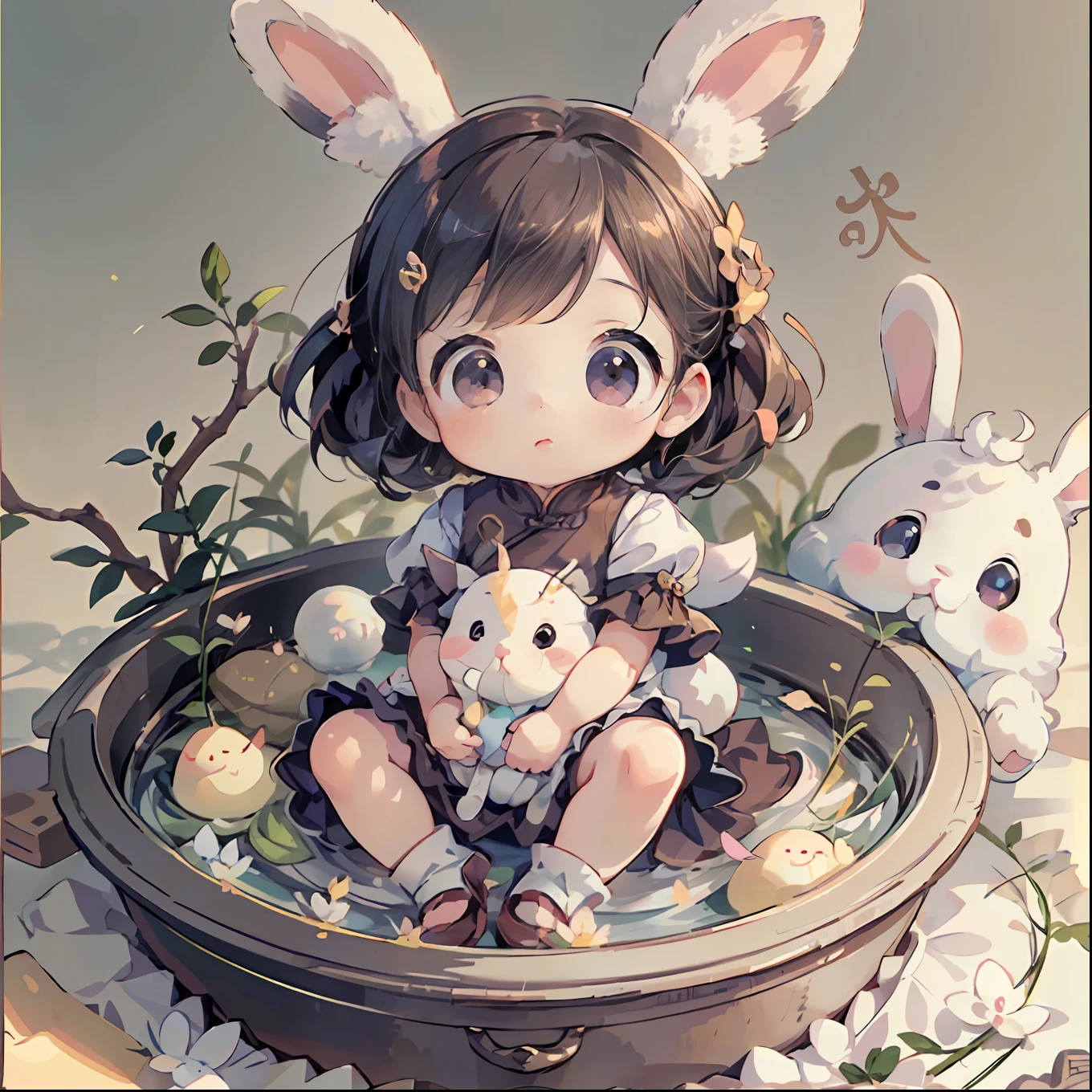 (extremely cute and delicate CG illustration, ultra-detailed and ultra-high quality),A cute little Chinese baby girl,Huge rabbit as background