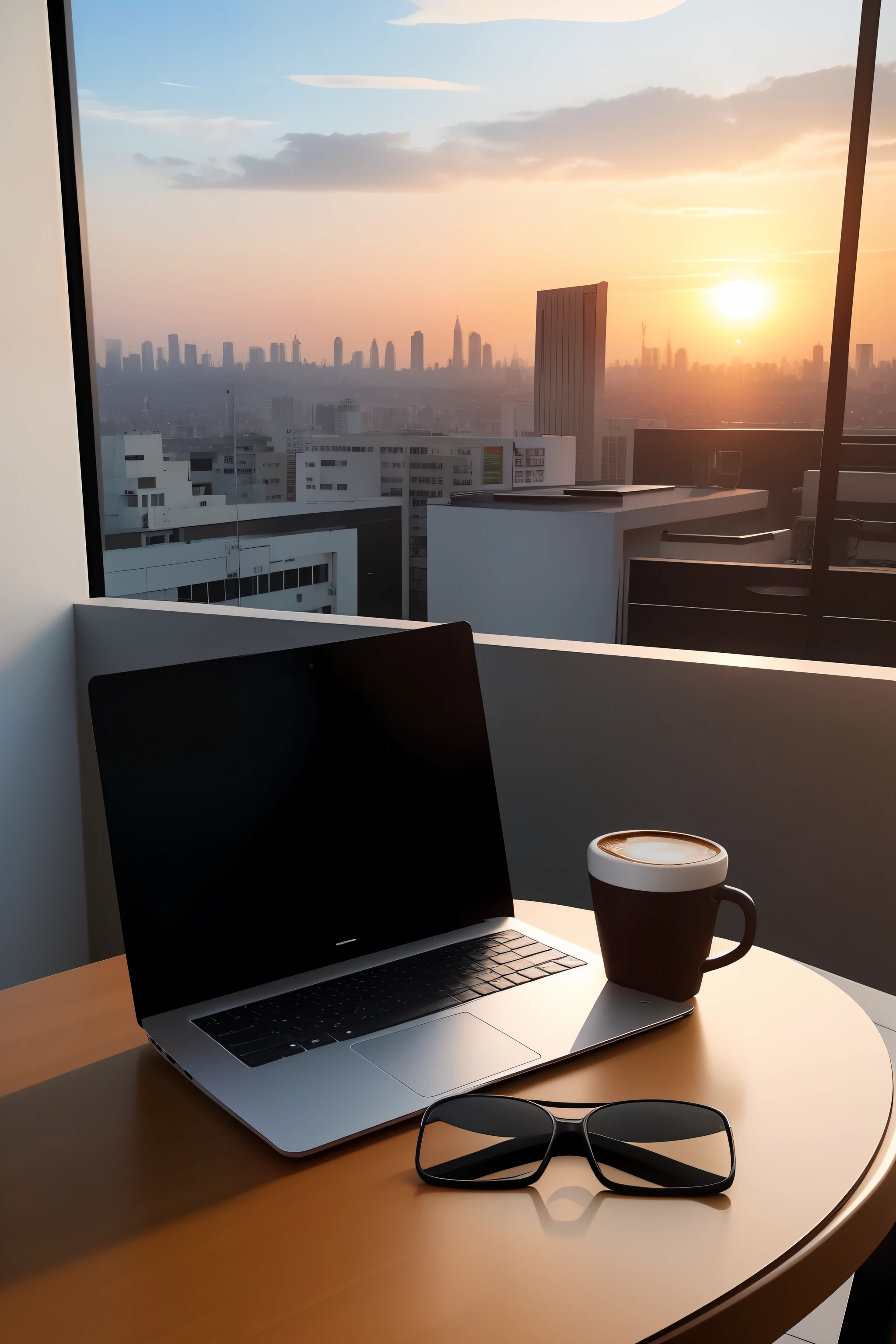 there is a man sitting at a table with a cup of coffee, sentado em frente ao computador, na frente de um computador, sentado em um computador, Usando seu PC desktop, olhando para o monitor, sentado em uma mesa de computador, codificador criativo com um computador, artista digital, sentado na mesa no teclado, home office, foto de retrato, foto tirada, rooftop, janela com vista, cidade grande, futuristico, sunset