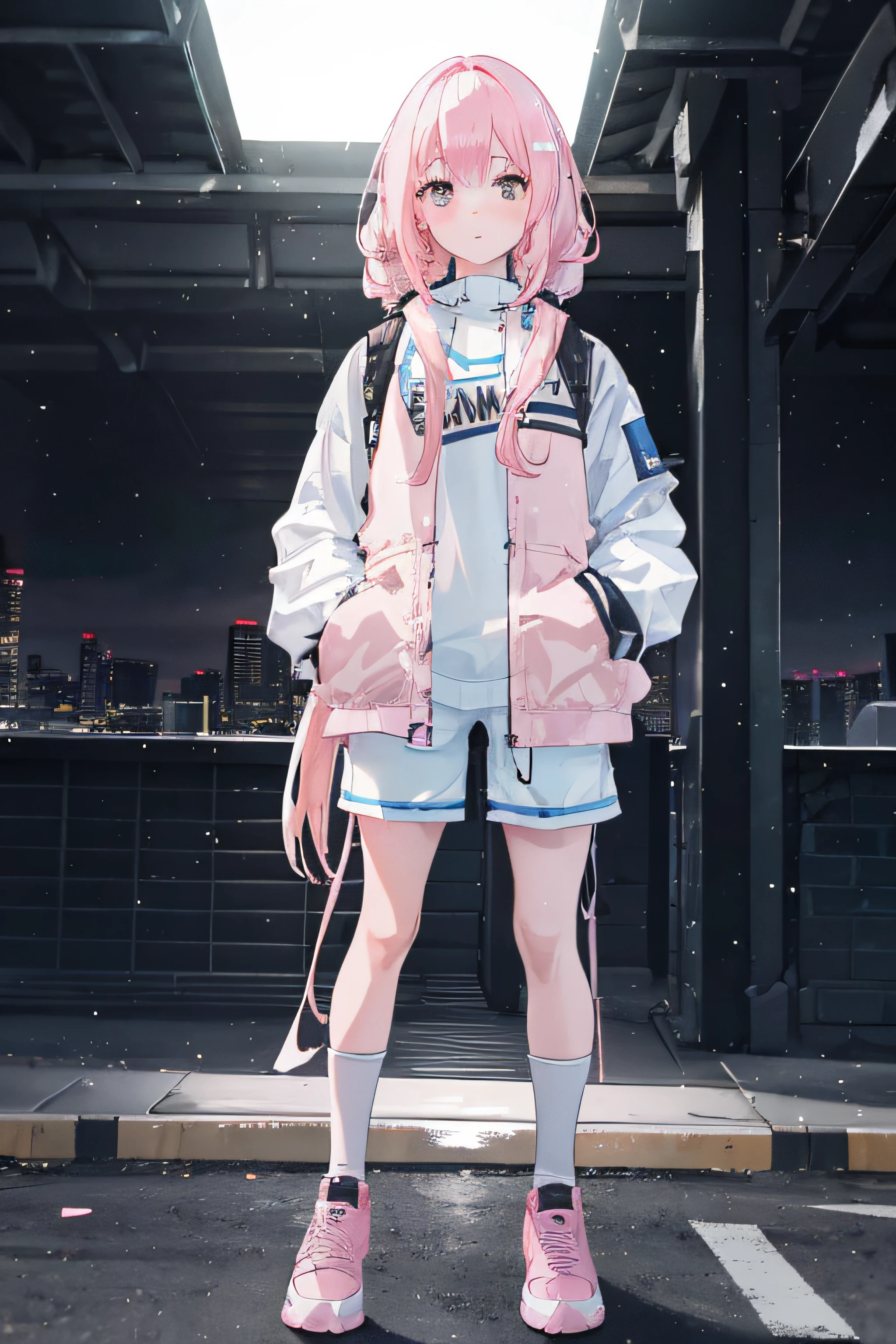 a girl blowing a big bubblegum with both of her hand in her pocket, Realistic, (masterpiece, top quality, best quality, official art), very detailed, full body standing in a clear white background, pink sneaker shoes, wearing a women's shorts, (hands in pocket:1.4),  (big bubblegum:1.4), (Shibuya:1.4), (night lights:1.4), (Thick Body:1.4), (Long Pink Hair:1.4), Brown Eyes, HDR (High Dynamic Range), Ray Tracing, NVIDIA RTX, Super-Resolution, Unreal 5, Subsurface Scattering, PBR Texturing, Post-Processing, Anisotropic Filtering, Depth-Of-Field ,Maximum Clarity And Sharpness, Multi-Layered Textures, Albedo And Specular Maps, Surface Shading, Accurate Simulation Of Light-Material Interaction, Octane Render, Two-Tone Lighting, Low ISO, White Balance, Rule Of Thirds, Wide Aperture, 8K RAW, Efficient Sub-Pixel, Sub-Pixel Convolution, (Luminescent Particles:1.4), {{Masterpiece, Best Quality, Extremely Detailed CG, Unity 8k Wallpaper, 3D, Cinematic Lighting, Lens Flare}},