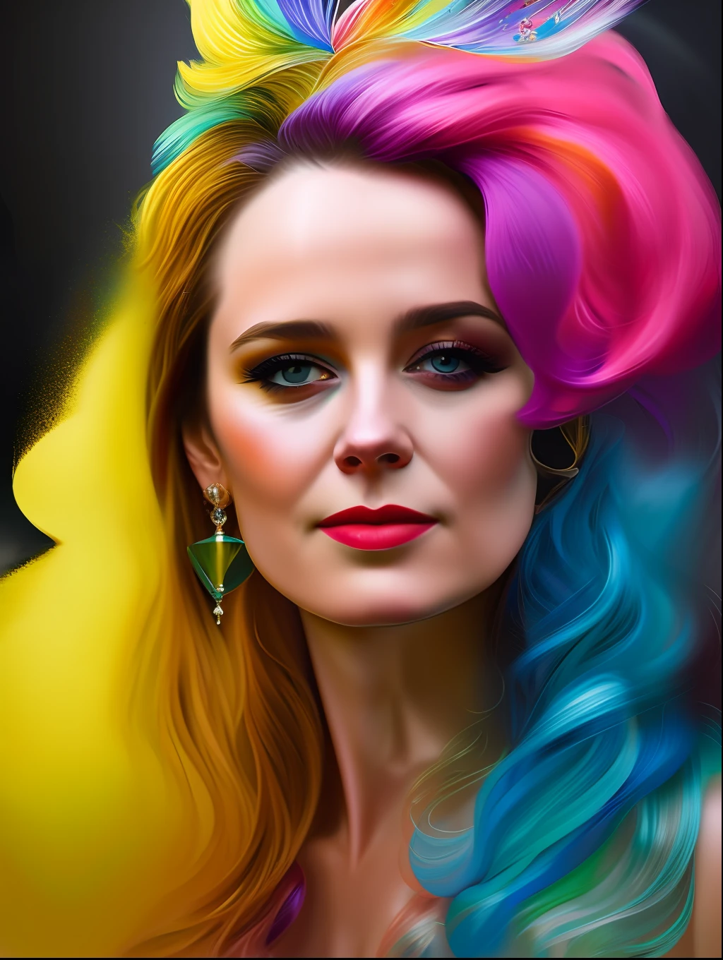 Retrato de uma mulher bonita, jovem de 25 anos, (corpo pintado de tinta colorida, estilo carnaval), auto retrato realista, 8k UHD, DSLR, grain of film, pintura fotorrealista Fujifilm XT3 arte midjourney, inspirado em Brie Larson