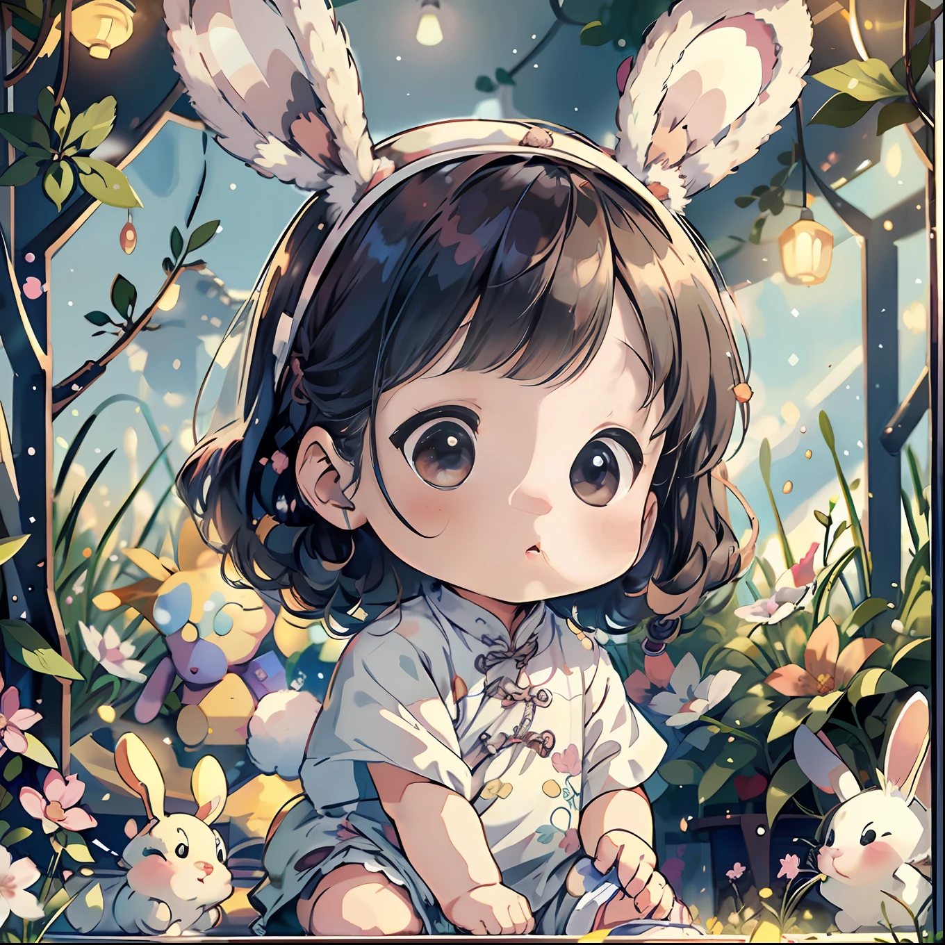 (extremely cute and delicate CG illustration, ultra-detailed and ultra-high quality),A cute Chinese baby gHuge rabbit as background