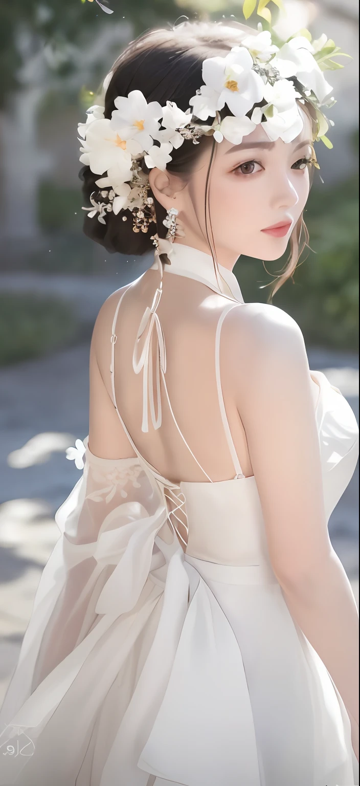 a close up of a woman with a white dress on,A flower stuck in his hair, trending on cgstation, trending at cgstation, gorgeous chinese models, 8K Artgerm bokeh, hot with shining sun, showing her shoulder from back, waist - shot, tiktok video, style of wlop, Guviz, Smooth translucent white skin