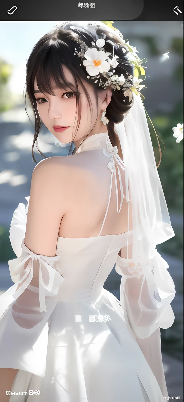a close up of a woman with a white dress on,A flower stuck in his hair, trending on cgstation, trending at cgstation, gorgeous chinese models, 8K Artgerm bokeh, hot with shining sun, showing her shoulder from back, waist - shot, tiktok video, style of wlop, Guviz, Smooth translucent white skin