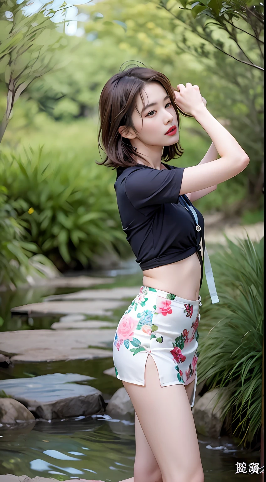 NSFW, 8K Raw photograph, best qualtiy, tmasterpiece, 超高分辨率, filmgrain, cinematic ligh, 1girll, looking at viewert, Natural skin texture, Realistic Eyes and Face Details, full pouty lips, lipsticks, (putting makeup on), Red eyeshadow, Short fluffy hair, messy hair, ssmile, Rejoice, beautifullegs, Tall women, being thin, Slim_Legs, 独奏, Brustwarzen, Pose with your hips facing you, Mini print silk skirt, hindquarters, Beautiful natural location, Location of flowers around, (detailedbackground) , Show a little through the shirt, Footwear, vague background, bblurry, halter,, short- sleeved, The ribbon is around the neck, JK ribbon, brown hair, bangle, Eau, By bangs, jewely, parted lip, cparted lips, From the side Side, Printed silk skirt, depth of fields,beachside,zona rural,Printed silk suspenders,are standing,