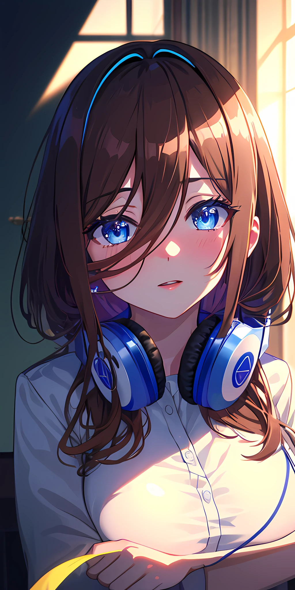 Masterpiece, best quality, (very detailed CG unity 8k wallpaper) (best quality), (best illustration), (best shadows), Miku Nakano, Miku, brown hair, blue eyes, headphones, uniform, indoors, beautiful detailed eyes
