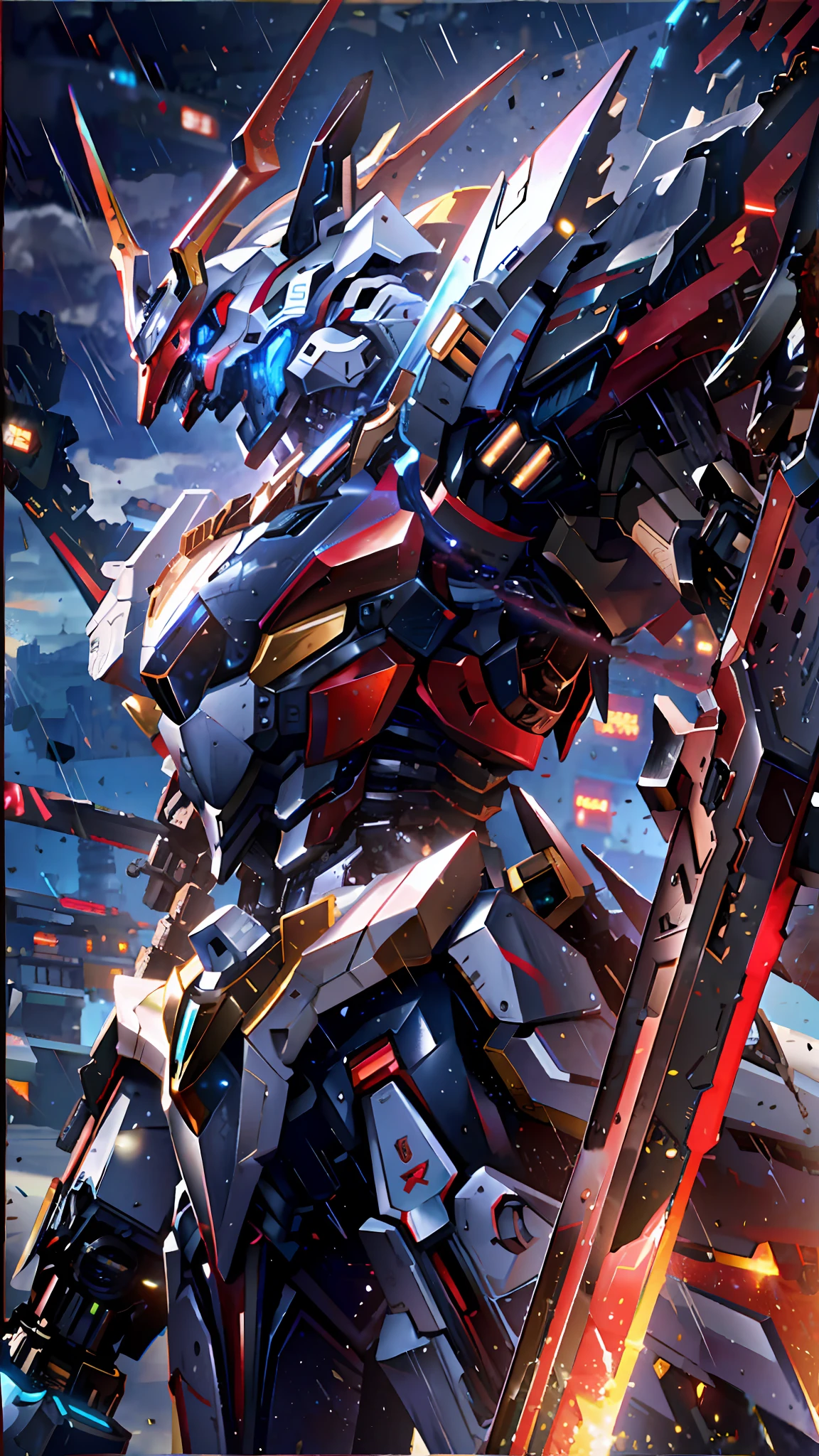 a close up of a robot with a sword in the rain, cool mecha style, mecha art, anime mecha aesthetic, mecha asthetic, armored core style mecha, well armored mech dragon, detailed anime artwork, barbatos mobile suit, detailed anime art, advanced digital anime art, mecha anime, mecha inspired, barbatos gundam