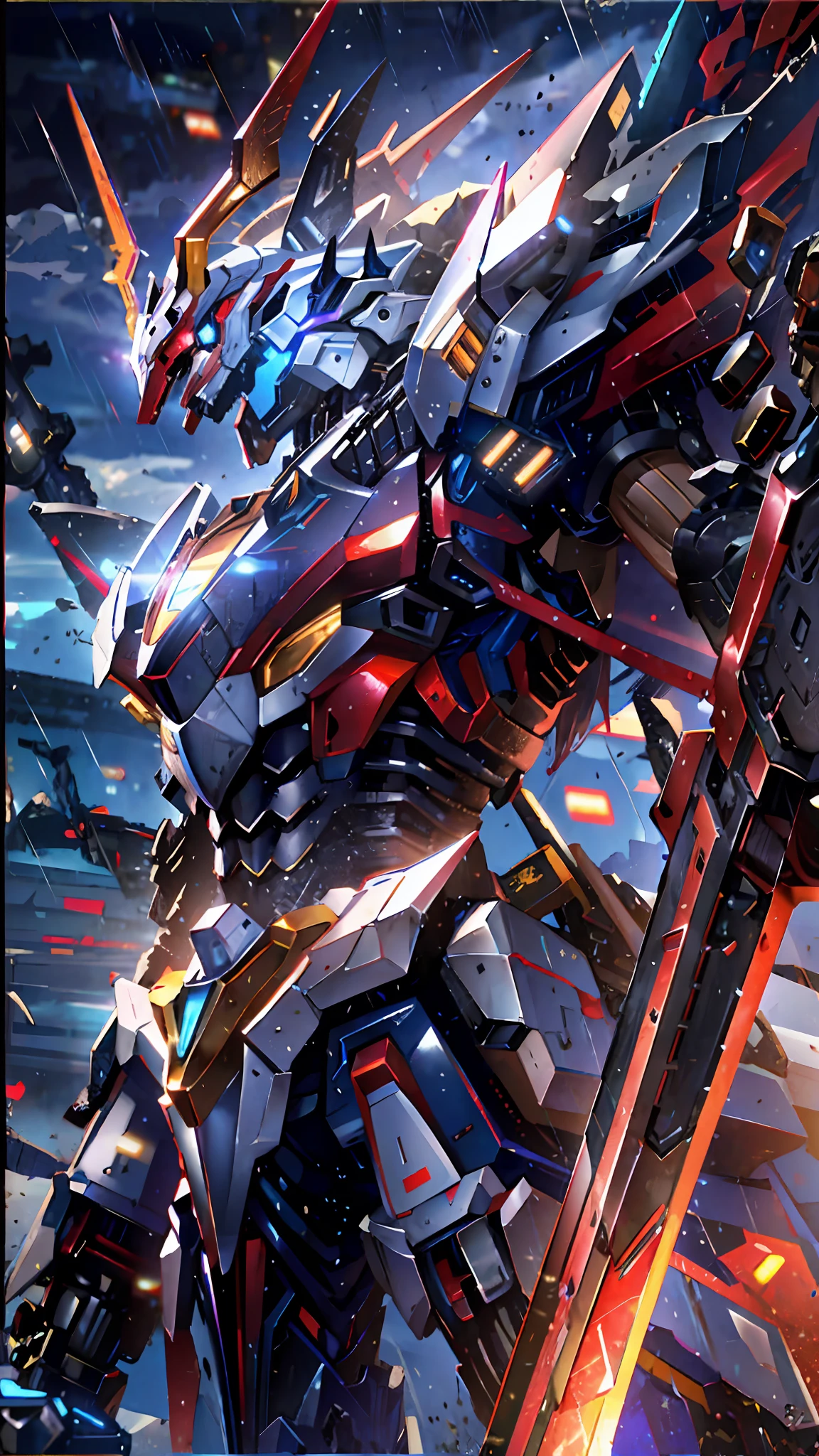 a close up of a robot with a sword in the rain, cool mecha style, mecha art, anime mecha aesthetic, mecha asthetic, armored core style mecha, well armored mech dragon, detailed anime artwork, barbatos mobile suit, detailed anime art, advanced digital anime art, mecha anime, mecha inspired, barbatos gundam