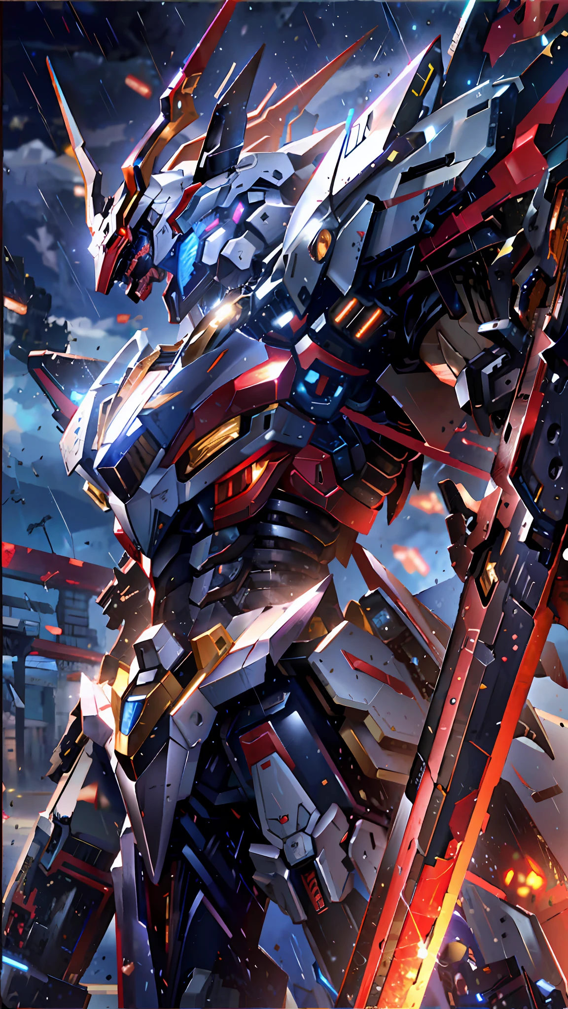 a close up of a robot with a sword in the rain, cool mecha style, mecha art, anime mecha aesthetic, mecha asthetic, armored core style mecha, well armored mech dragon, detailed anime artwork, barbatos mobile suit, detailed anime art, advanced digital anime art, mecha anime, mecha inspired, barbatos gundam
