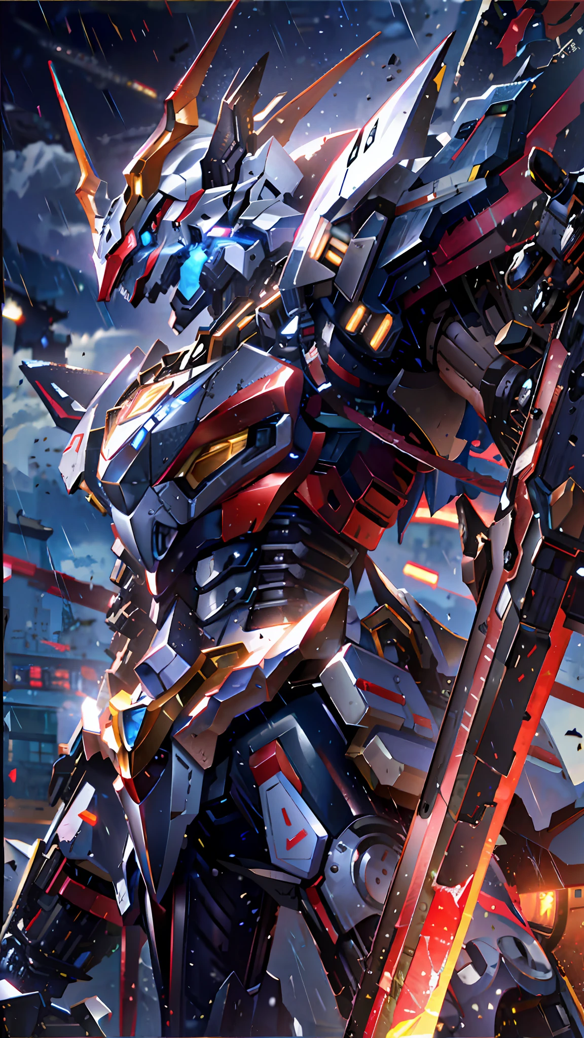 a close up of a robot with a sword in the rain, cool mecha style, mecha art, anime mecha aesthetic, mecha asthetic, armored core style mecha, well armored mech dragon, detailed anime artwork, barbatos mobile suit, detailed anime art, advanced digital anime art, mecha anime, mecha inspired, barbatos gundam