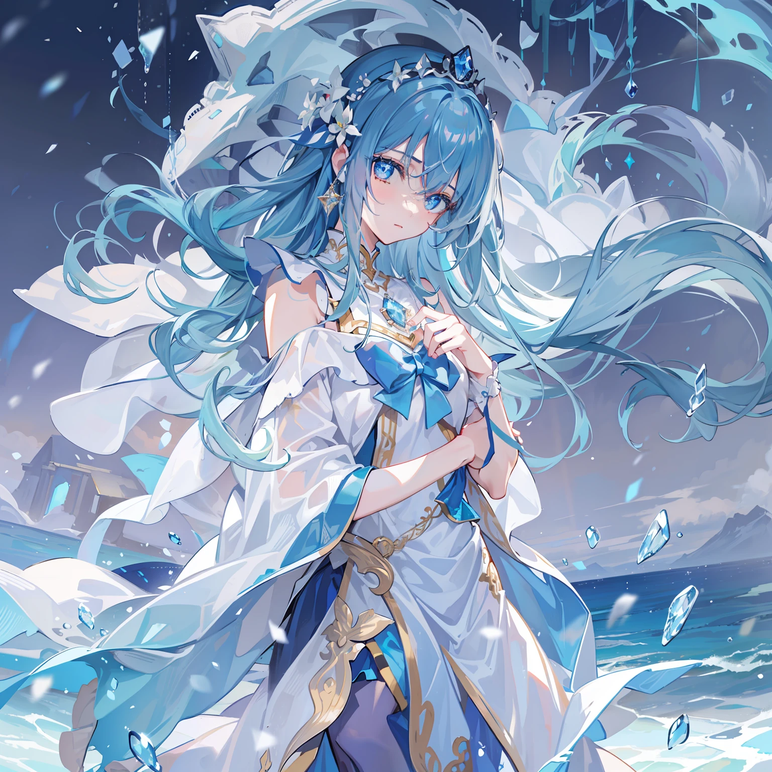 tmasterpiece,Best quality at best,one-girl,Solo,Ice,Blue skirt,A princess,nobles,apathy,There was a faint sadness in his eyes,opulent,Barefoot,Blue-white gradient hair,Float on snow-covered water,diadems