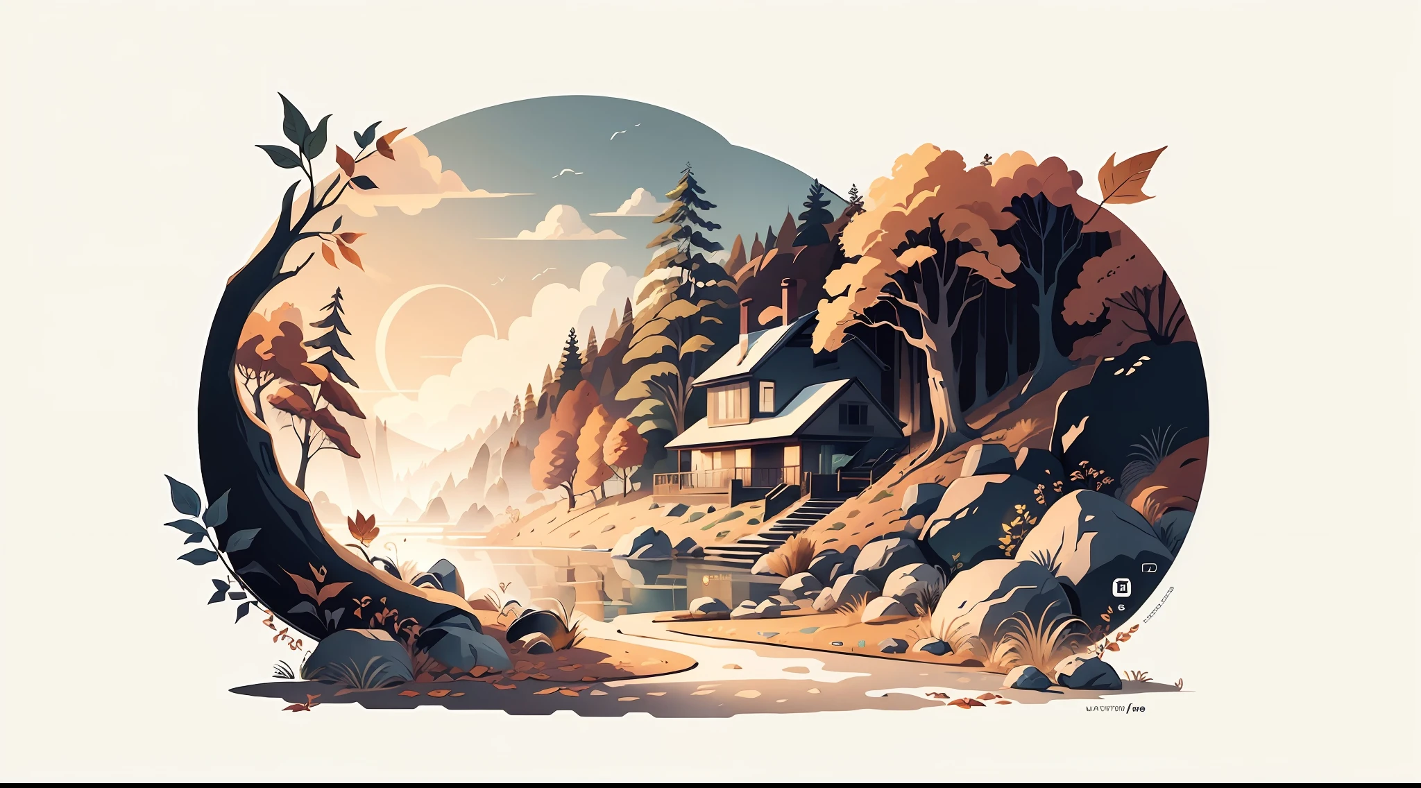 Autumn!Mobile wallpaper illustration,Nature views, Minimalist illustration, Line illustration, Colorful