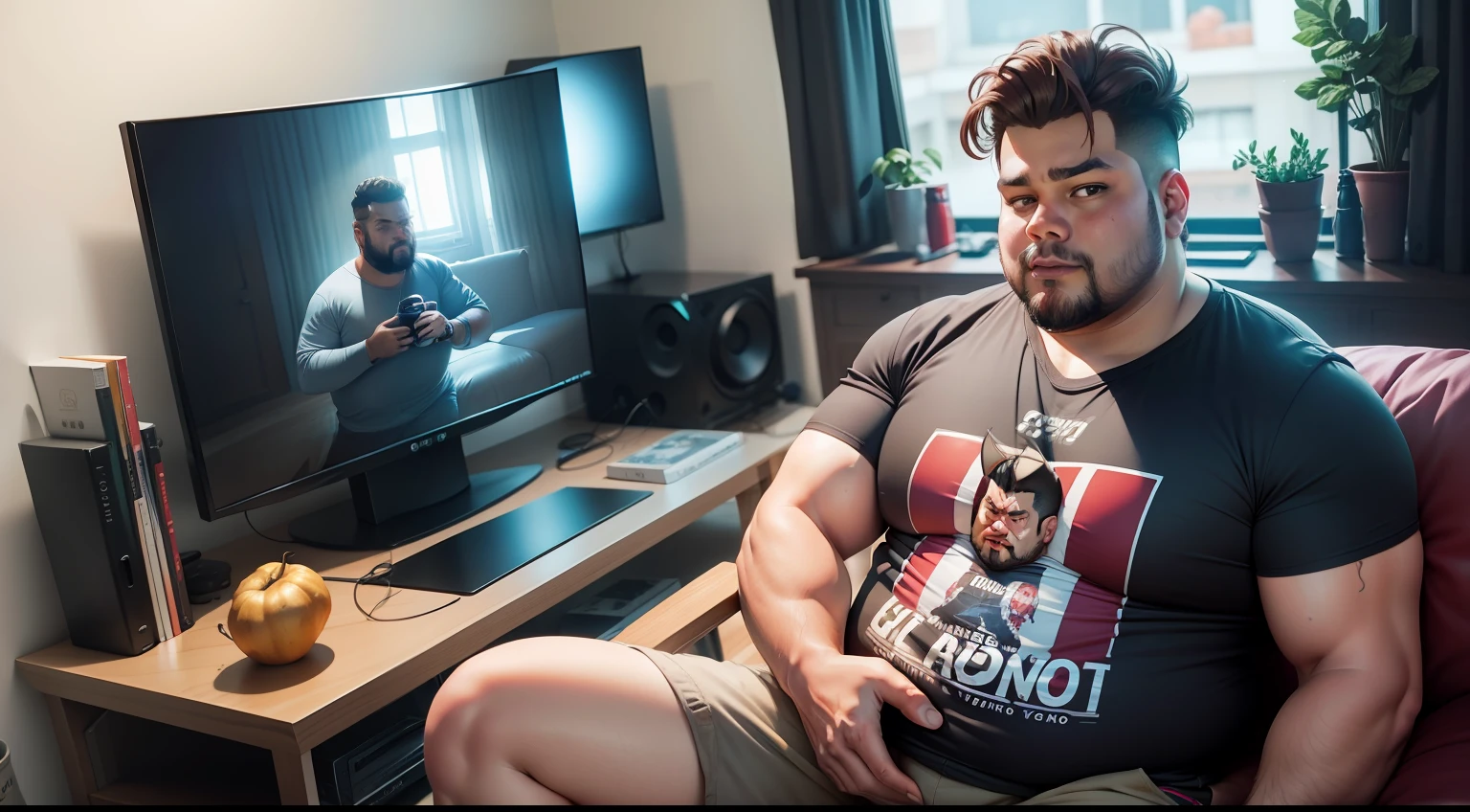 Tem um homem gordo, obeso, feio, muito feio, cabelo sem cortar, sitting on a couch with a bottle of wine and a bowl of food, playing video games, comer batatas fritas e assistir TV, brincando, obeso, Homem na casa dos 30 anos, videogame ainda, obeso ), olhando para o telefone dele, Streamer do Twitch / Jogador Ludwig, videogame ainda, jogos, Fotografia tirada em 2 0 2 0, Comer