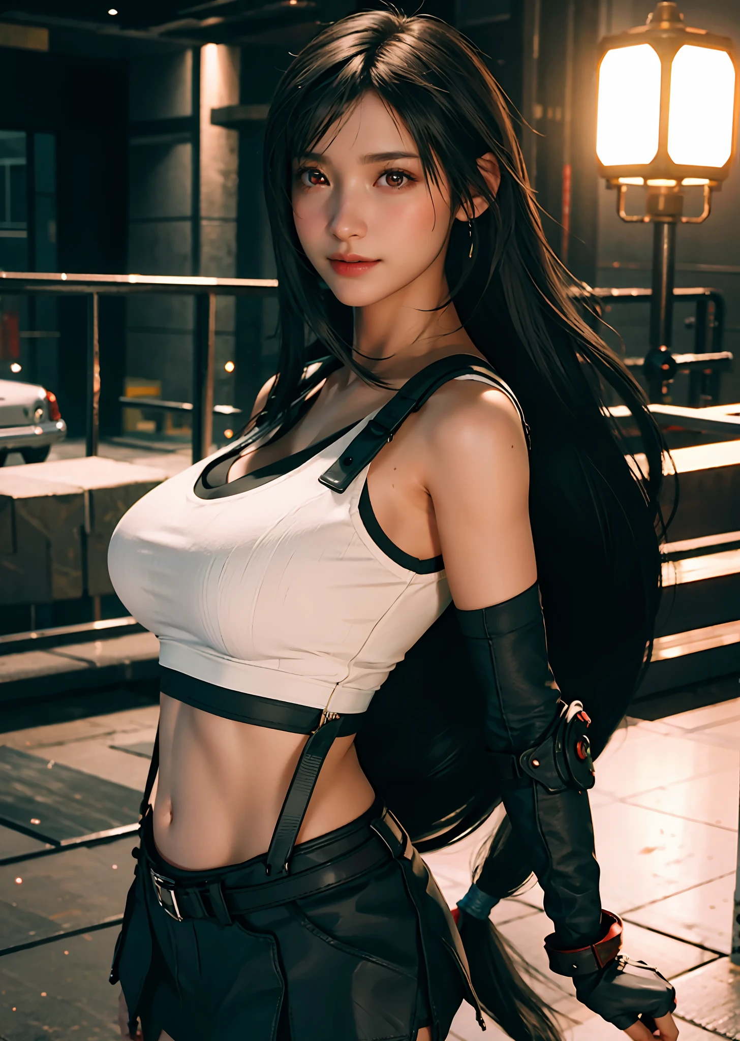 (Photorealistic: 1.4), top quality, very delicate and beautiful, high resolution, 1girl, tifa_lockhart, smile, cowboy shot, suspenders, low rise, mini skirt, tank top, tense shirt, black hair, long hair, elbow gloves, beautiful detailed red eyes, face light, movie lighting, navel, high exposure, abdomen exposure, ribs, abs, ( gigantic breasts: 1.2), dynamic poses, dynamic angles,