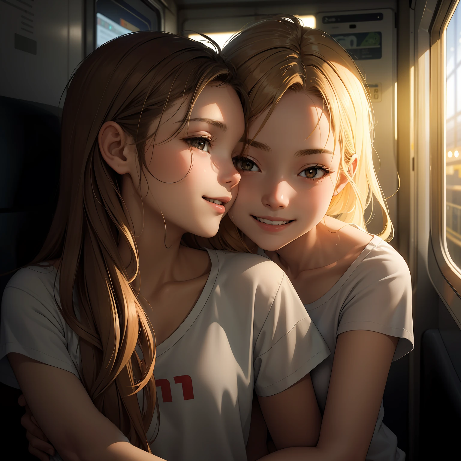 (masterpeace, best quality), 2girls, 13yo girls, teen, white t-shirts, hugging, smile, in a train compartment, warm, volumetric lighting, soft light, bright