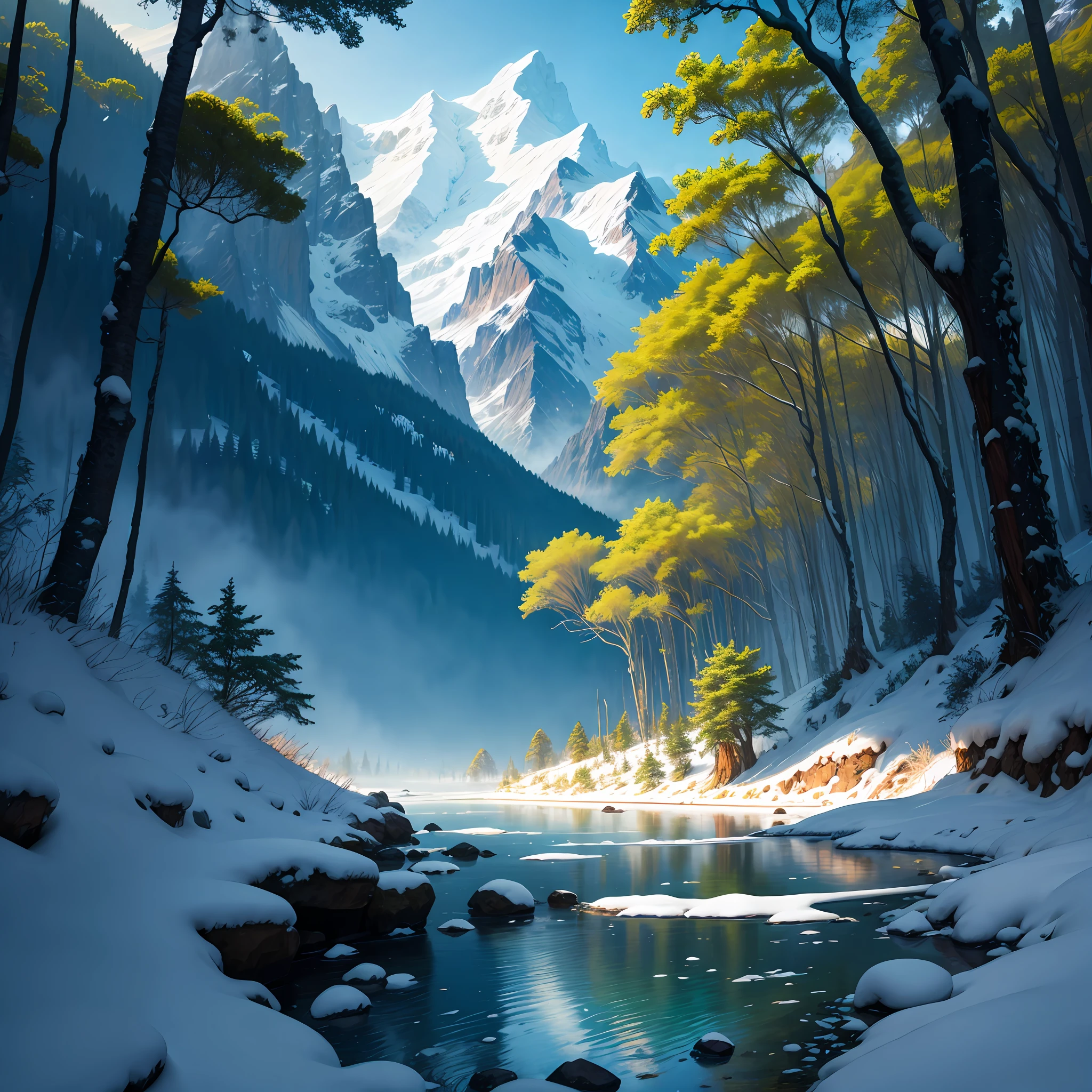 In the jungle,A white wolf,rios,steins,snow mountains,Masterpiece,4K