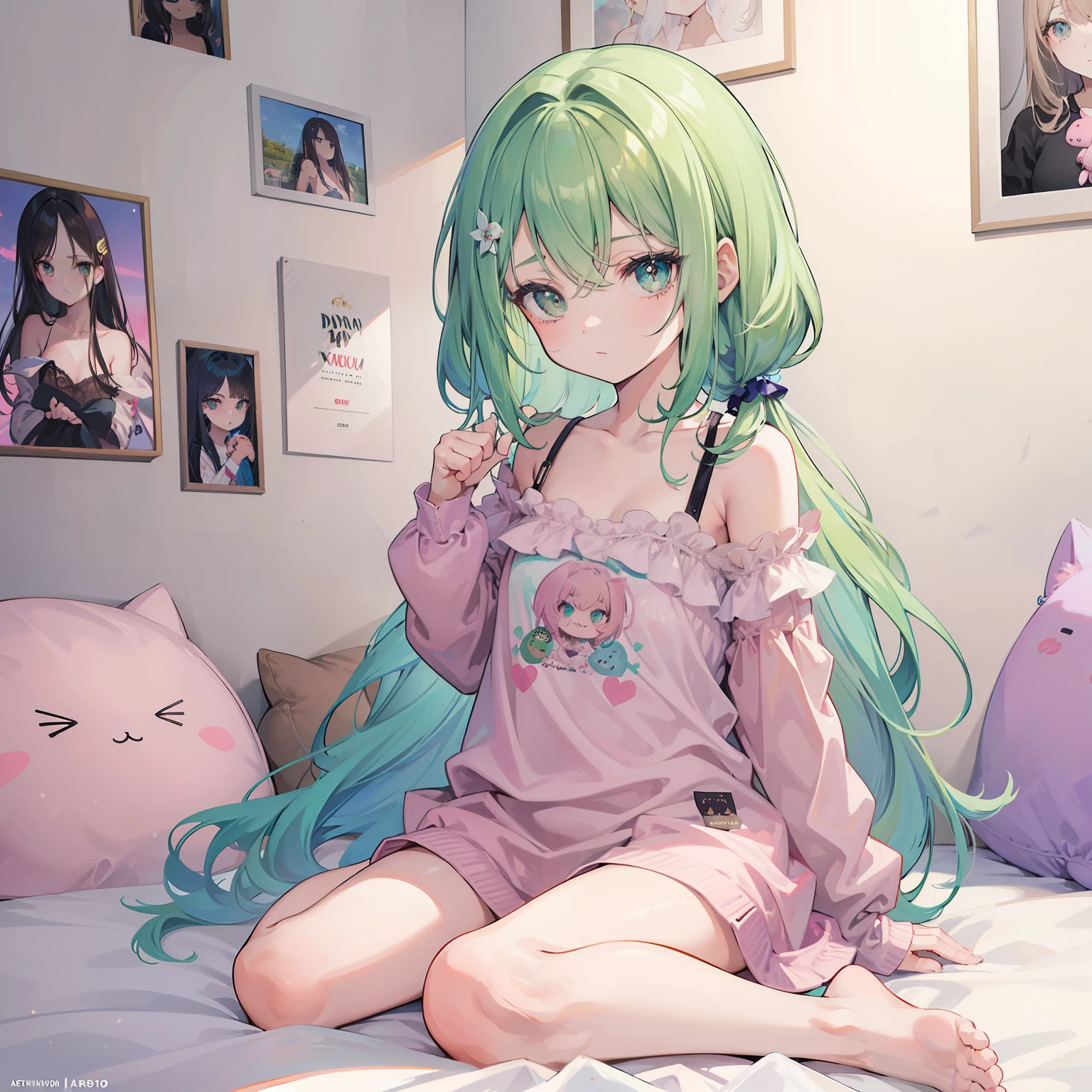 Chica con pelo largo, Cabello menta, ojos amarillos, cara linda, ojos expresivos, Buscando una revista de moda, Sentado en la cama, Nice room background, animales de peluche en la cama, Carteles en la pared, Idol poster, pijama, (Obra maestra), beautiful detailed lighting