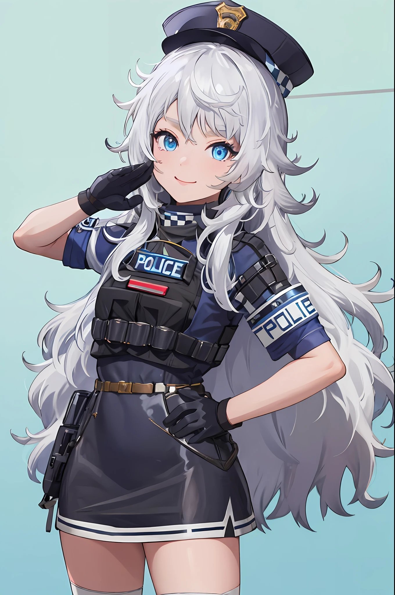 masutepiece, Best Quality, hight resolution, 1girl in, Solo, Long hair, hat, Blue eyes, White hair, hair messy, Black Gloves, White socks, Police Uniform, Black skirt, Short sleeves, Cowboy Shot, Salute, put hands on the hip,ssmile,