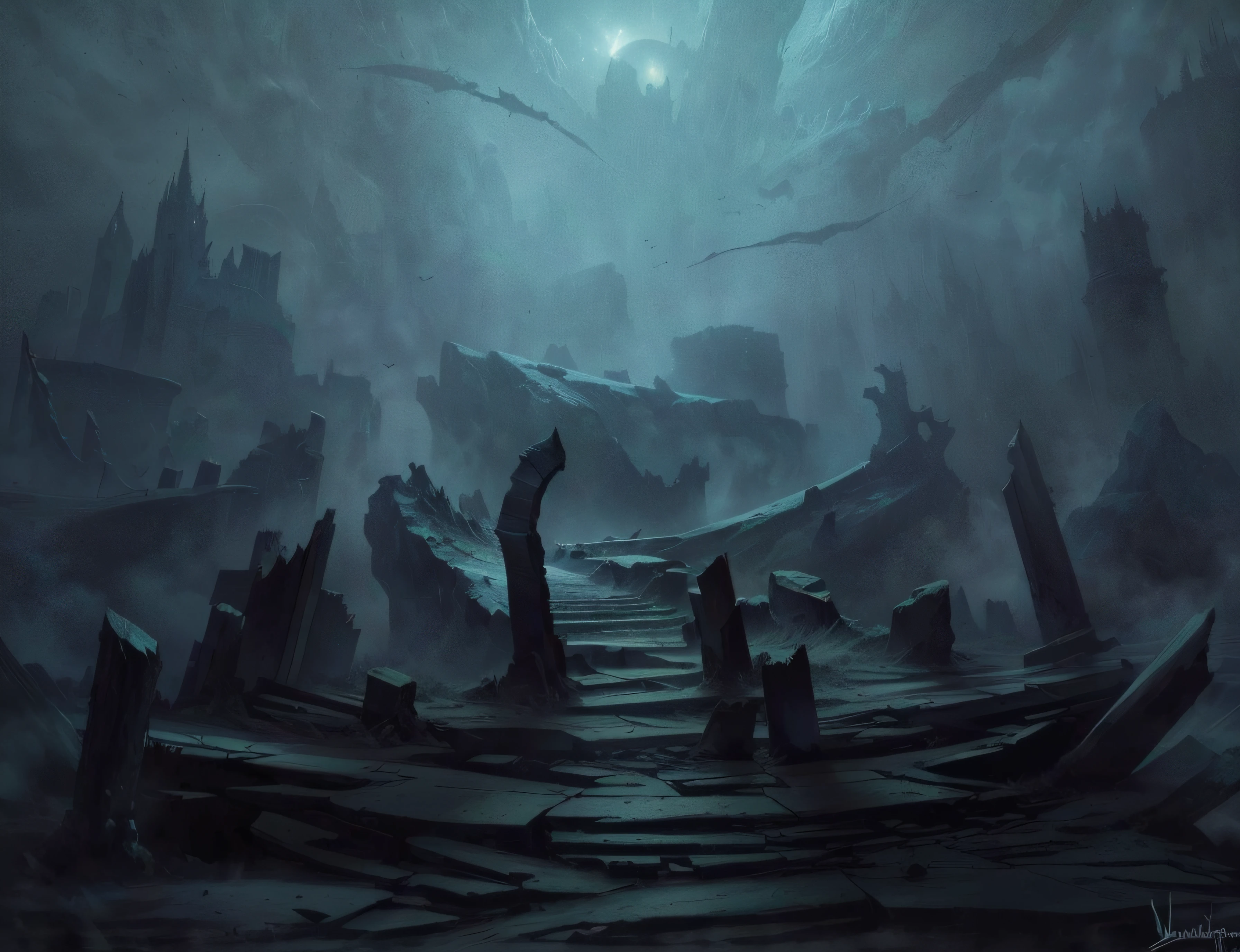 dark ruins landscape, arte conceitual sombria, pintura de fantasia fosca grimdark, arte conceitual de fantasia sombria, ambiente de fantasia sombria, Stefan Koidl inspirado, dark cinematic concept art, dramatic concept art, paisagem lovecraftiana, pintado como uma arte conceitual de jogo, just art for dark metal music --auto
