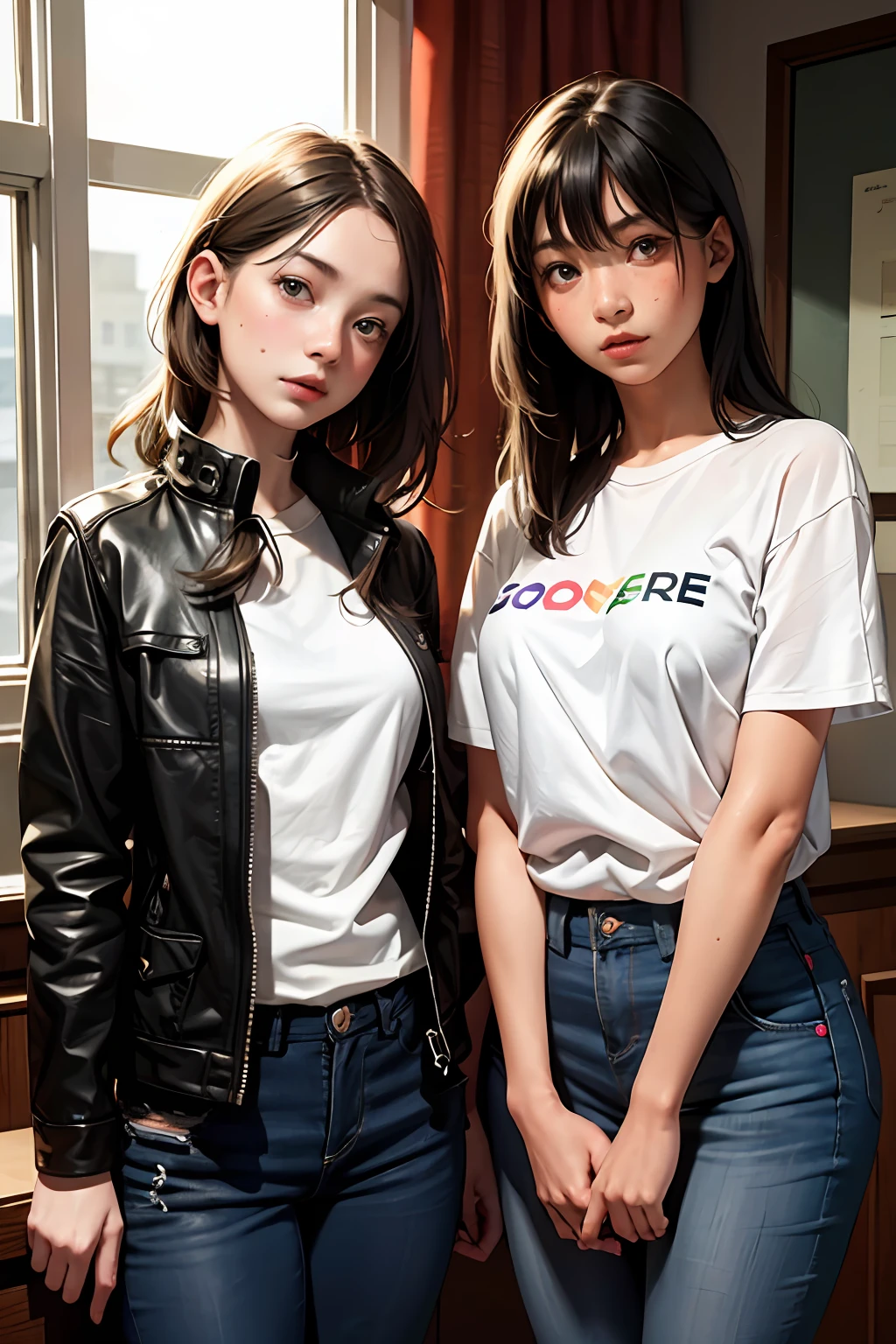 2girls,duo,super big eyes,raw photograph,realistic,faded freckle