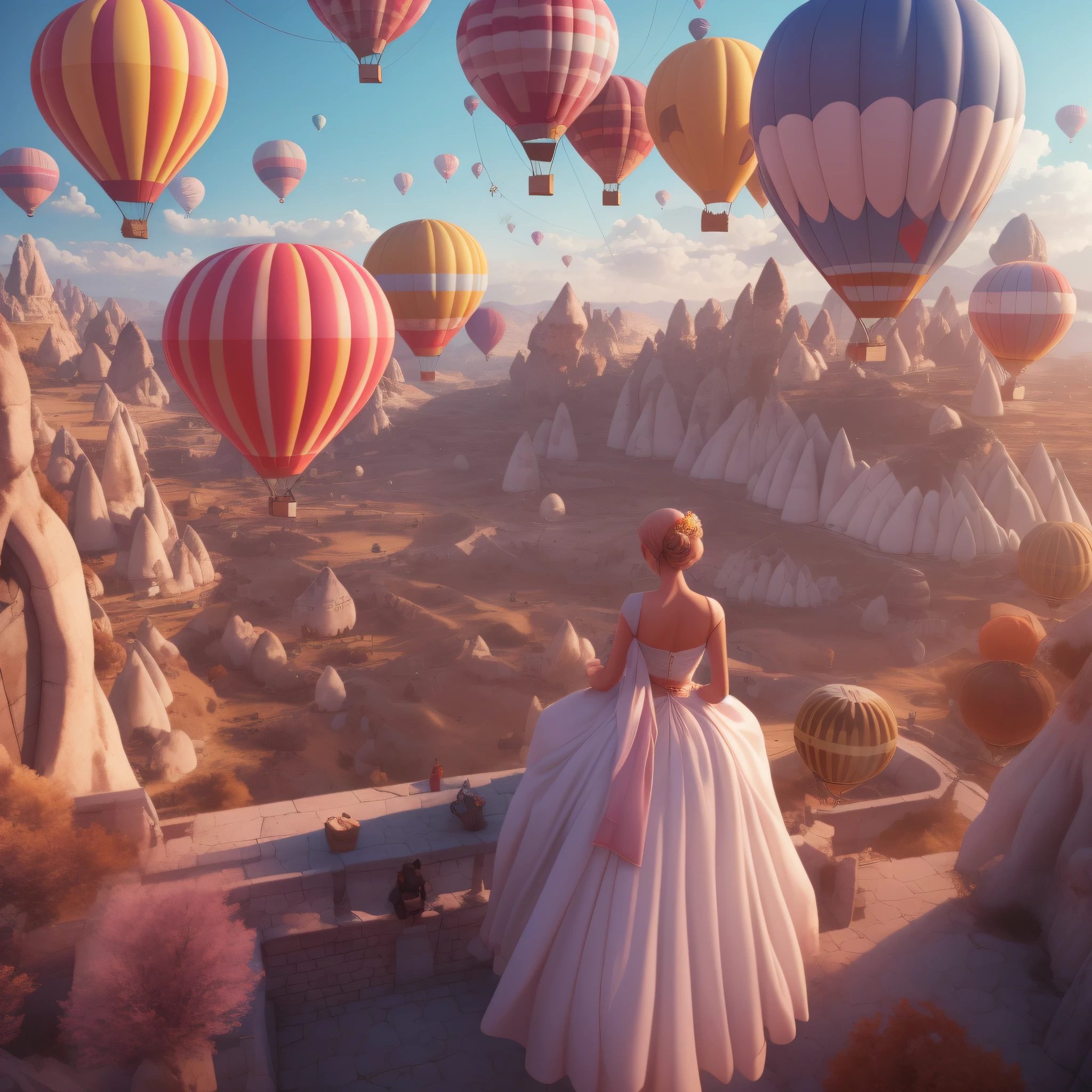 (master piece), best quality. Cappadocia Region, Princess in the foreground watching from a balcony a huge hot air balloon in the background sky, fantasy style 8k Octane Rendering, (Octane Rendering) fantasy style, Fantasy matte painting, cute, realistic fantasy illustration, Epic 3D illustrations , beautiful digital art, fantasy behance art, stylized as a 3d rendering, disney art style, beautiful rendering of a fairy tale, vray tracing, dslr, uhd, 32k