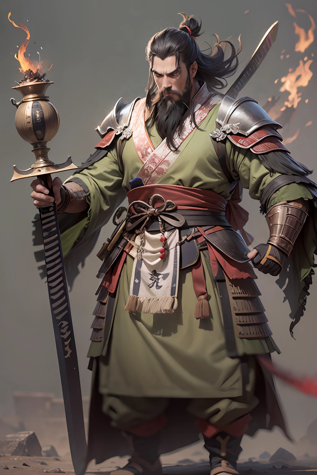 （anthropomorphic turtle），（Dapeng Bird Samurai：1.4），a tall body，Stout limbs，Look at me condescendingly，disdain，despise，The long hairs of the flame fluttered in the wind，combats，Dynamic lines，Dimly lit battlefield，fire glow，Ruined castle，（stereoscopic perspective：1.4），Works of masters，super-fine，4K分辨率，high qulity，电影灯光，High picture detail，Detailed pubic hair，Epic shooting，Clearly focused hair，Detailed hair depiction，acurate