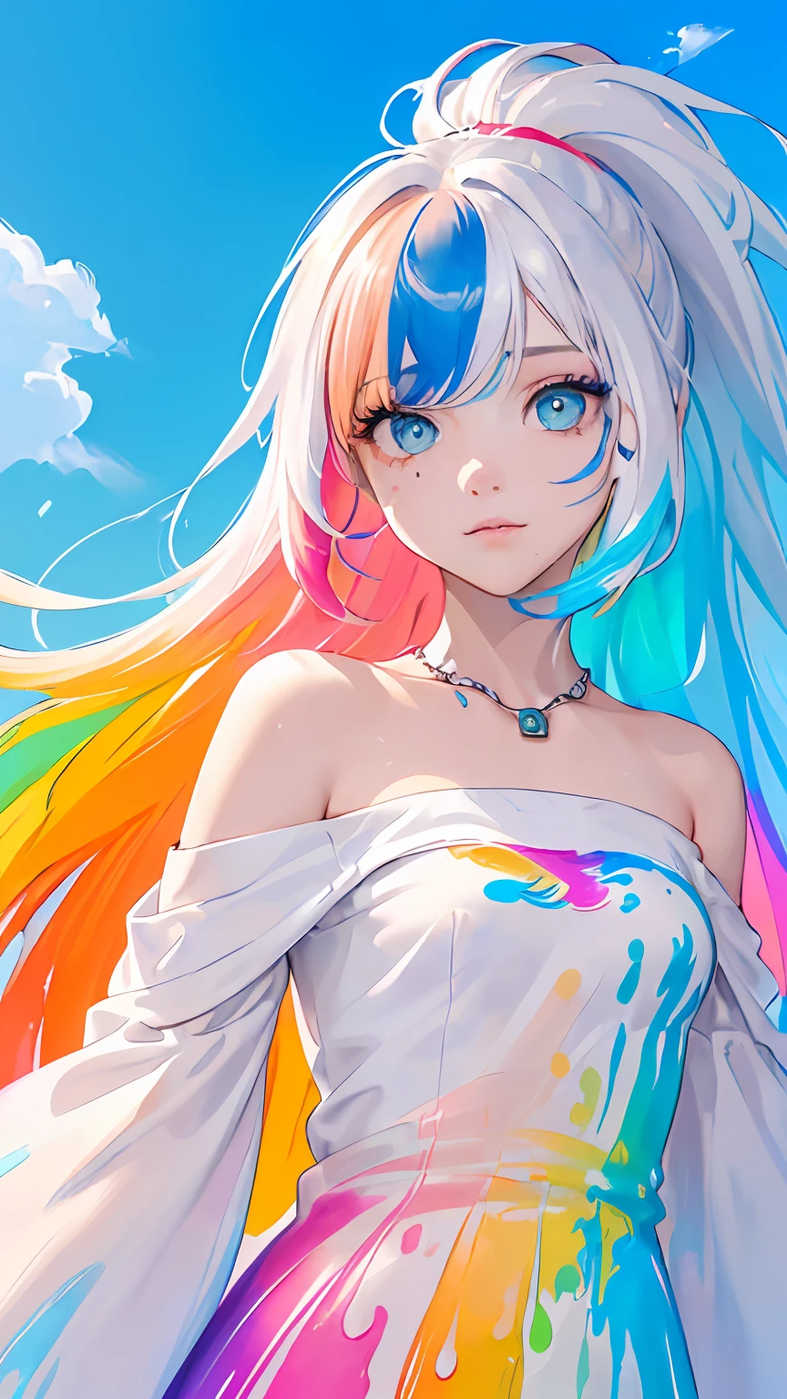 （Pink Fashion T-shirt：1.9），(Colorful hair: 1.8), (all the colours of the rainbow: 1.8),(((((vertical painting：1.6))), （painting：1.6），front, comics, illustrations, paintings, large eyes, crystal clear eyes,（ rainbow color gradient high ponytail：1.7）, exquisite makeup, closed mouth,(Small Fresh: 1.5),(Wipe Chest: 1.6) ，long eyelashes, white off shoulder T-shirt,  White Shoulder Shirt，looking at the audience, large watery eyes, (rainbow colored hair：1.6), color splash, （solo：1.8）, color splash, color explosion, thick paint style, messy lines, ((shining))，(colorful), (colorful), (colorful), colorful, Thick Paint Style, (Splash) (Color Splash), Vertical Painting, Upper Body, Paint Splash, Acrylic Pigment, Gradient, Paint, Highest Image Quality, Highest Quality, Masterpiece, Solo, Depth of Field, Face Paint,  colorful clothes, (Elegant: 1.2), gorgeous,long hair, wind, (Elegant: 1.3), (Petals: 1.4)，(((masterpiece))),(((best quality))),((ultra-detailed)),(illustration),(dynamic angle),((floating)),(paint),((disheveled hair)),(solo),(1girl) , (((detailed anima face))),((beautiful detailed face)),collar,bare shoulders,white hair, ((colorful hair)),((streaked hair)),beautiful detailed eyes,(Gradient color eyes),(((colorful eyes))),(((colorful background))),(((high saturation))),(((surrounded by colorful splashes))),