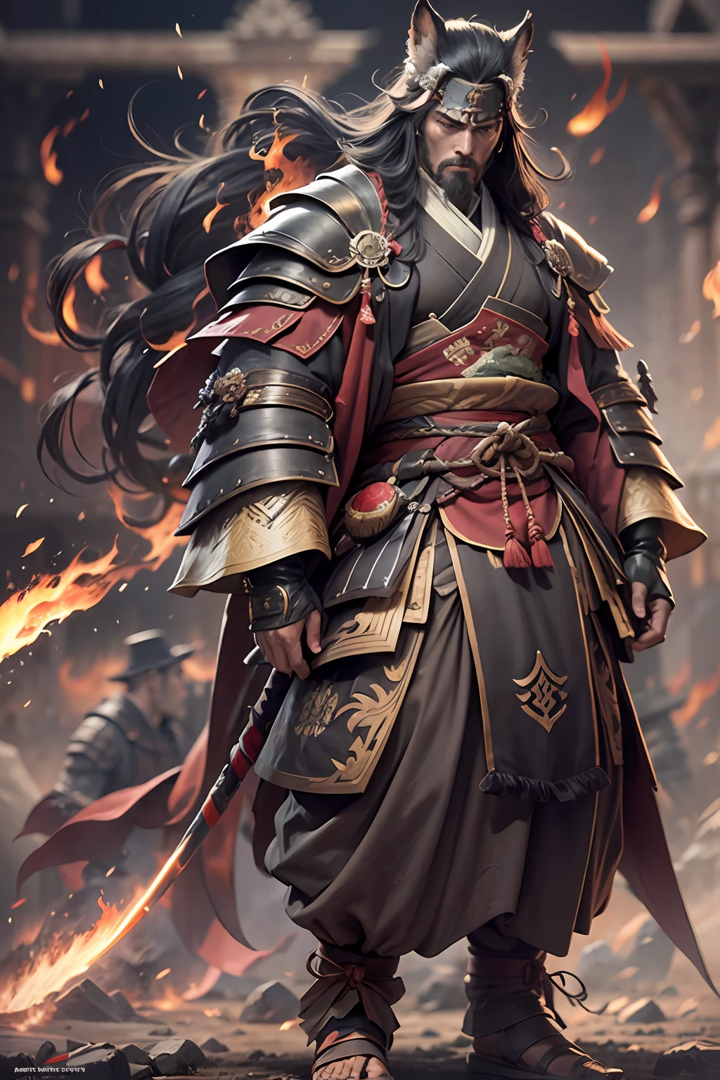（anthropomorphic turtle），（Dapeng Bird Samurai：1.4），a tall body，Stout limbs，Look at me condescendingly，disdain，despise，The long hairs of the flame fluttered in the wind，combats，Dynamic lines，Dimly lit battlefield，fire glow，Ruined castle，（stereoscopic perspective：1.4），Works of masters，super-fine，4K分辨率，high qulity，电影灯光，High picture detail，Detailed pubic hair，Epic shooting，Clearly focused hair，Detailed hair depiction，acurate