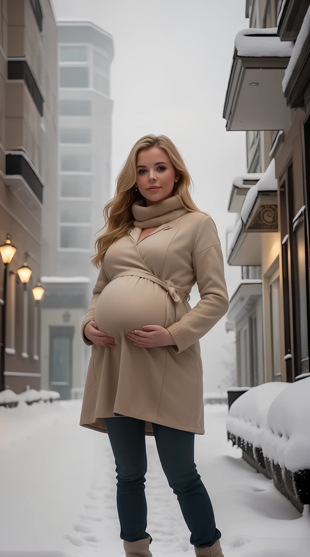 Pregnant woman in winter coat standing in snowy street with buildings in the background, schwangerer Bauch, schwanger, Schwangerschaft, Mutterschaftsgefühl, Maternal Photography 4K, sichtbarer riesiger Bauch, Olya Bossak, Drittes Trimester, Body shot at close range, their belly is large and round, on a street, mittlerer Winkel, portrait image, A complete portrait of the Nordic woman, laufend ，, Foto-Standbild --auto